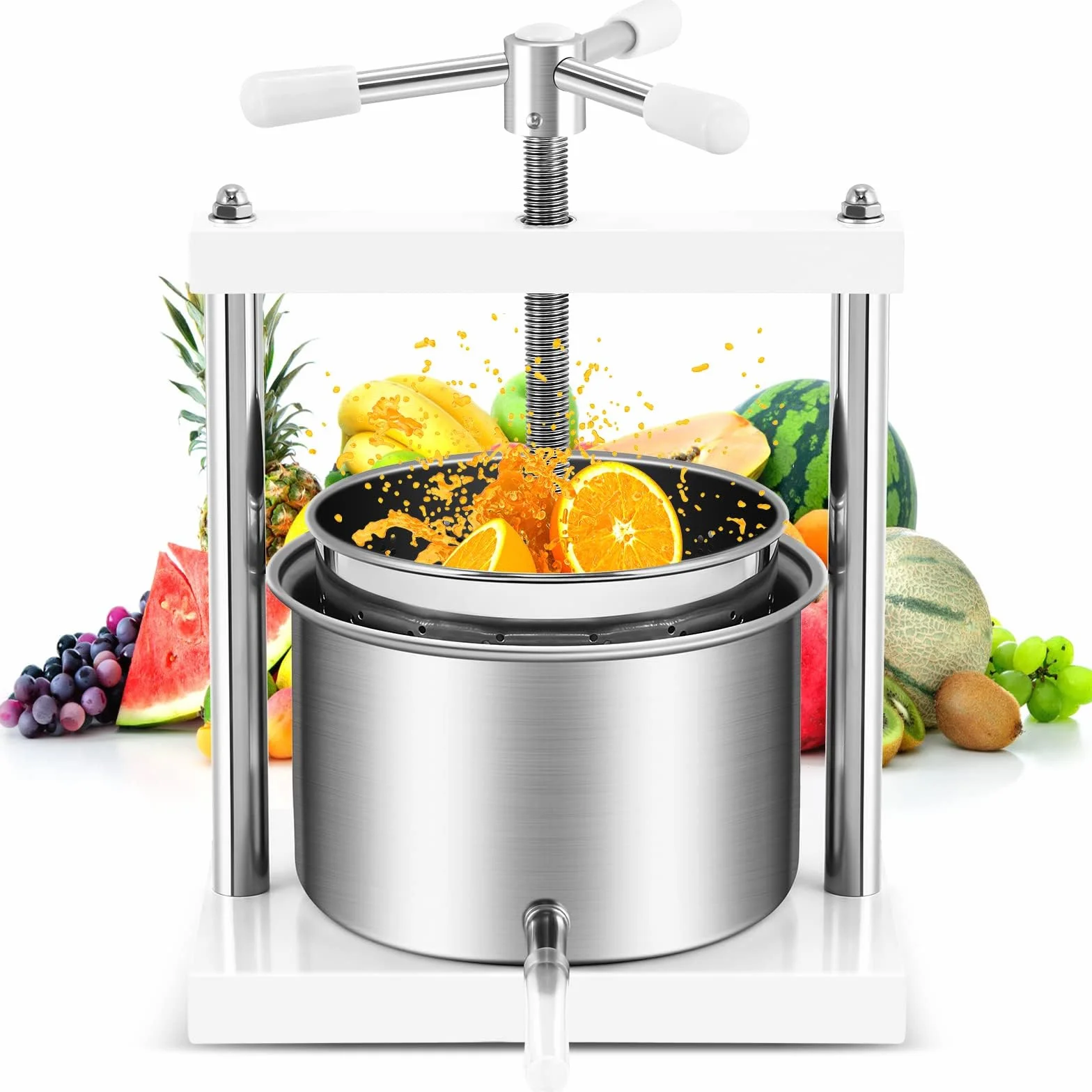 LZQ Ręczna wyciskarka do owoców, 5 l, ze stali nierdzewnej, do jagód, zacieru, jabłek, soków, owoców, warzyw, ziół, biała