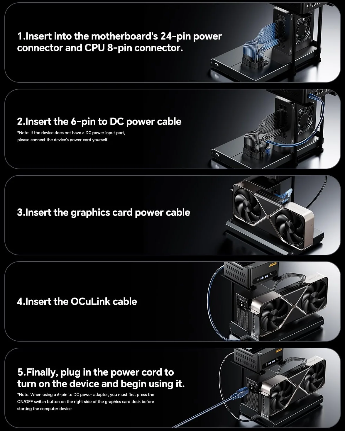 AOOSTAR EG01 eGPU Stacja dokująca z OCuLink, Stacja dokująca do zewnętrznych karta graficznych GPU, PCIex16(PCIe4.0x4), 150W DC, obsługuje zasilacze ATX/SFX, do mini pc/laptopów/kart graficznych