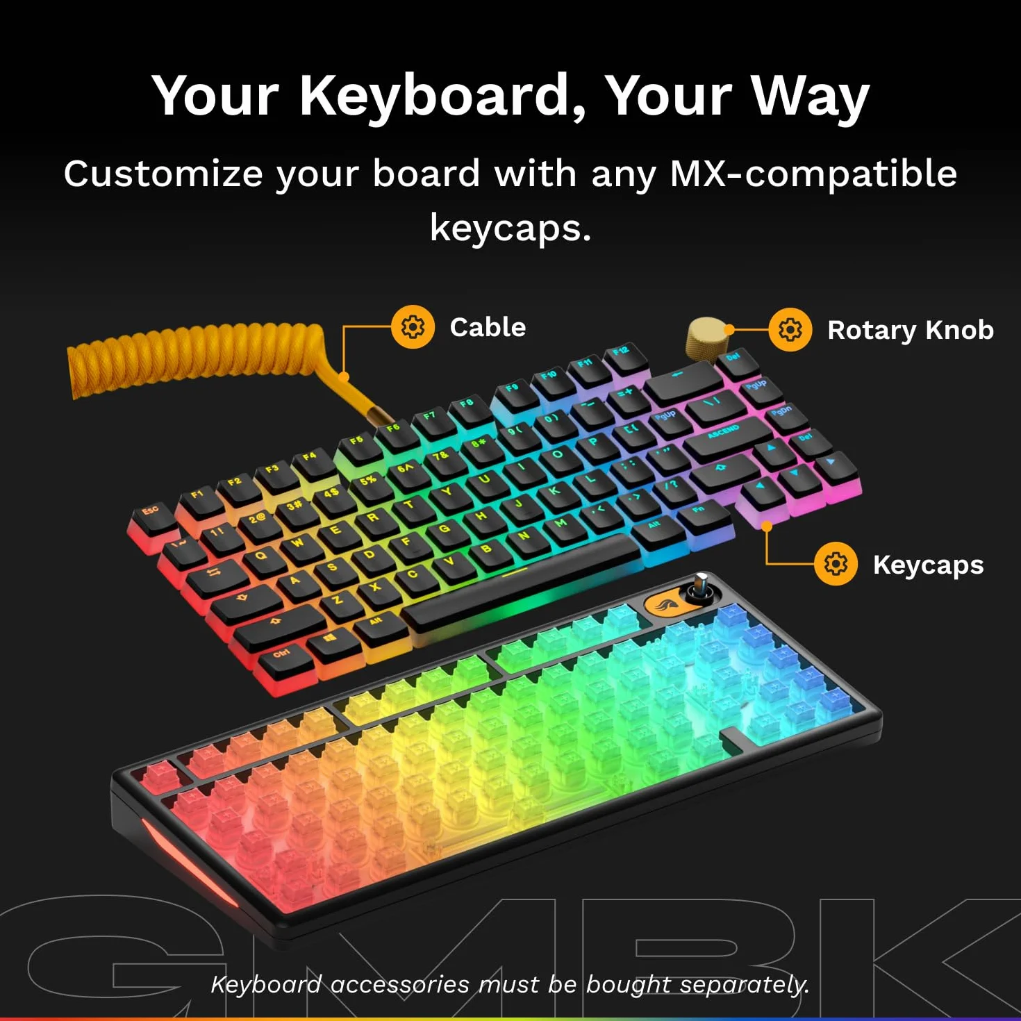 Glorious Gaming Klawiatura GMBK 75% - wymienne nakładki MX, odłączany kabel USB, IP57 odporna na wodę i kurz, RGB 10 stref, ciche przełączniki - 321x137x41 mm - Układ angielski QWERTY