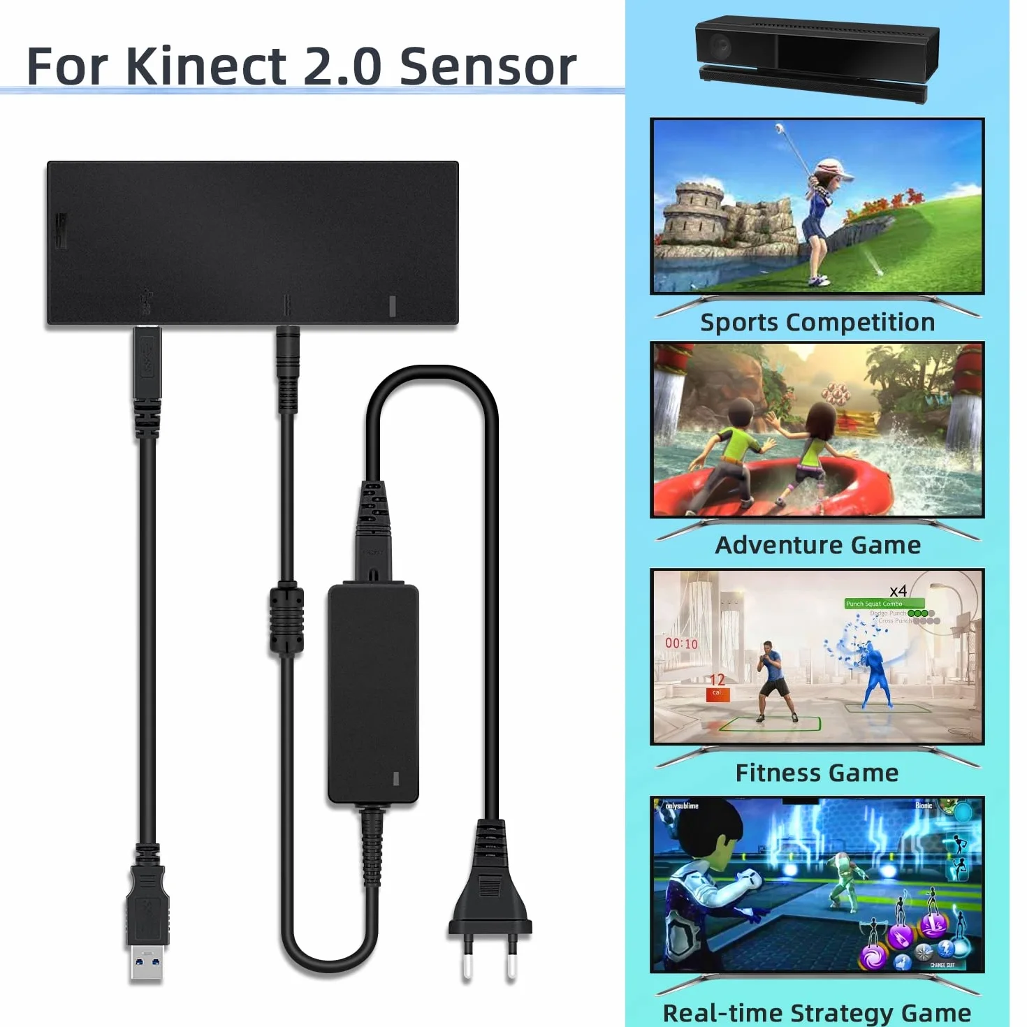 Mcbazel Adapter Kinect 2.0 do konwertera sensora z zasilaczem kompatybilny z Xbox One Slim/Xbox One X/Win11/8/8.1/10 z wtyczką europejską