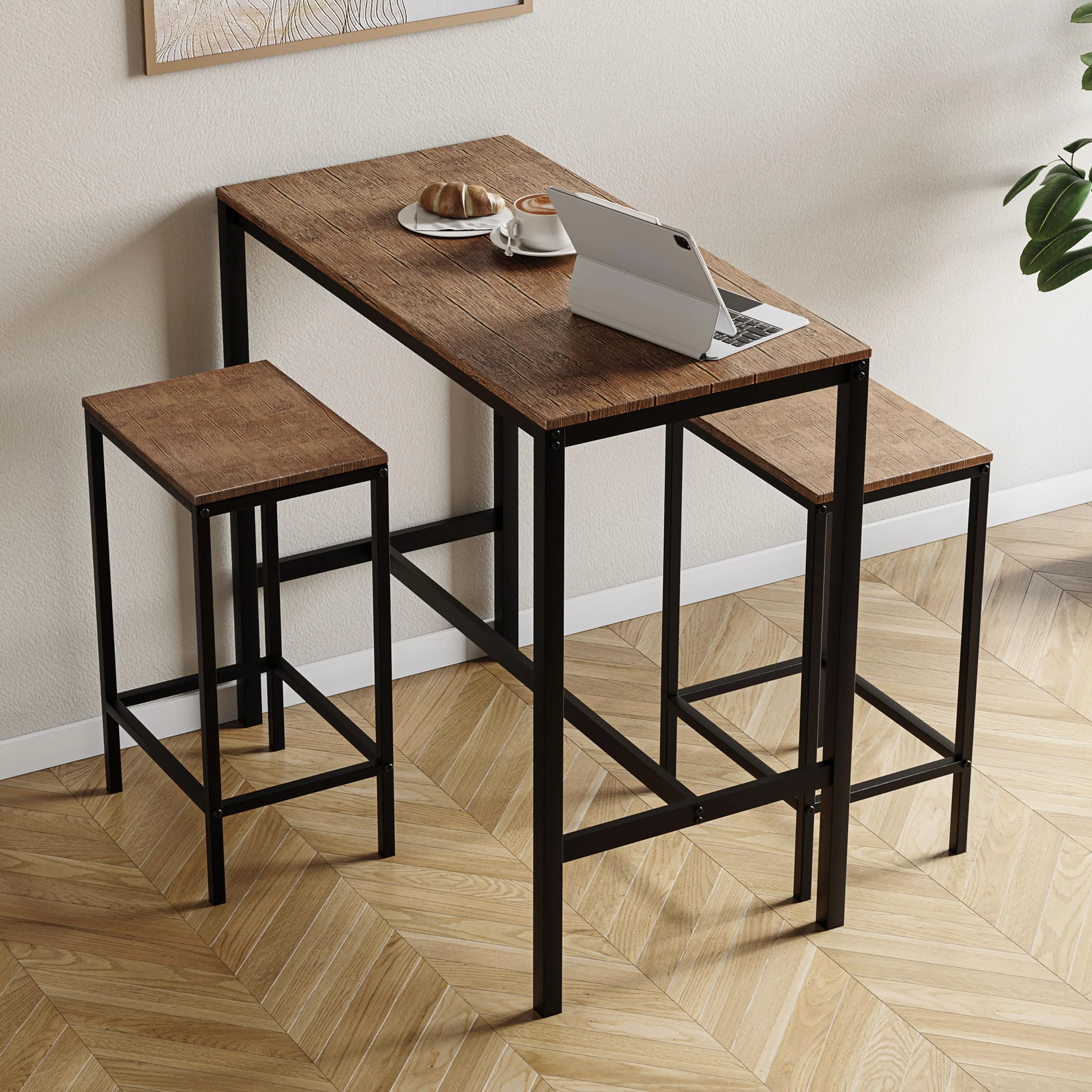 Vida Designs Roslyn 2-osobowy stół barowy z 2 stołkami barowymi, rama ze stali przemysłowej (ciemne drewno)