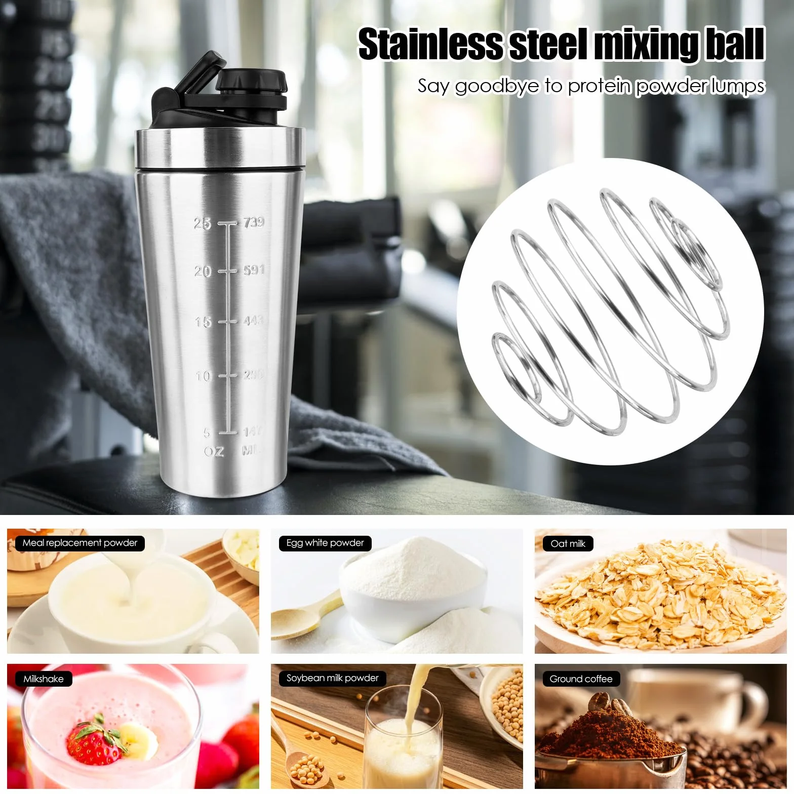Shaker proteinowy ze stali nierdzewnej 750 ml z kulką i uchwytem