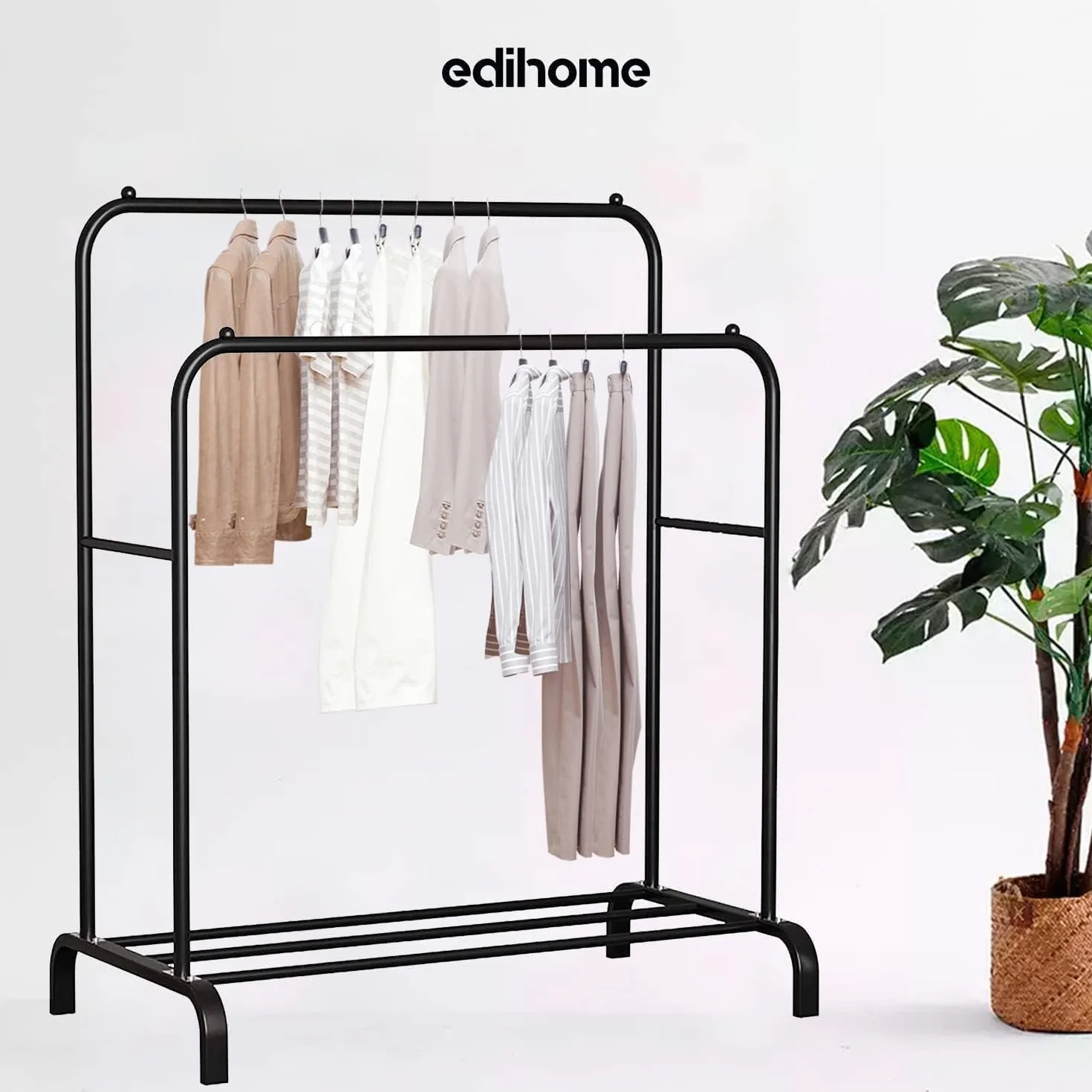 edihome, Osioł ubrania, wieszak na ubrania, podwójny wieszak na ubrania, garderoba, 110 x 150 x 54 cm, wytrzymały, metalowy z uchwytem na buty, organizer, łatwy montaż (czarny)