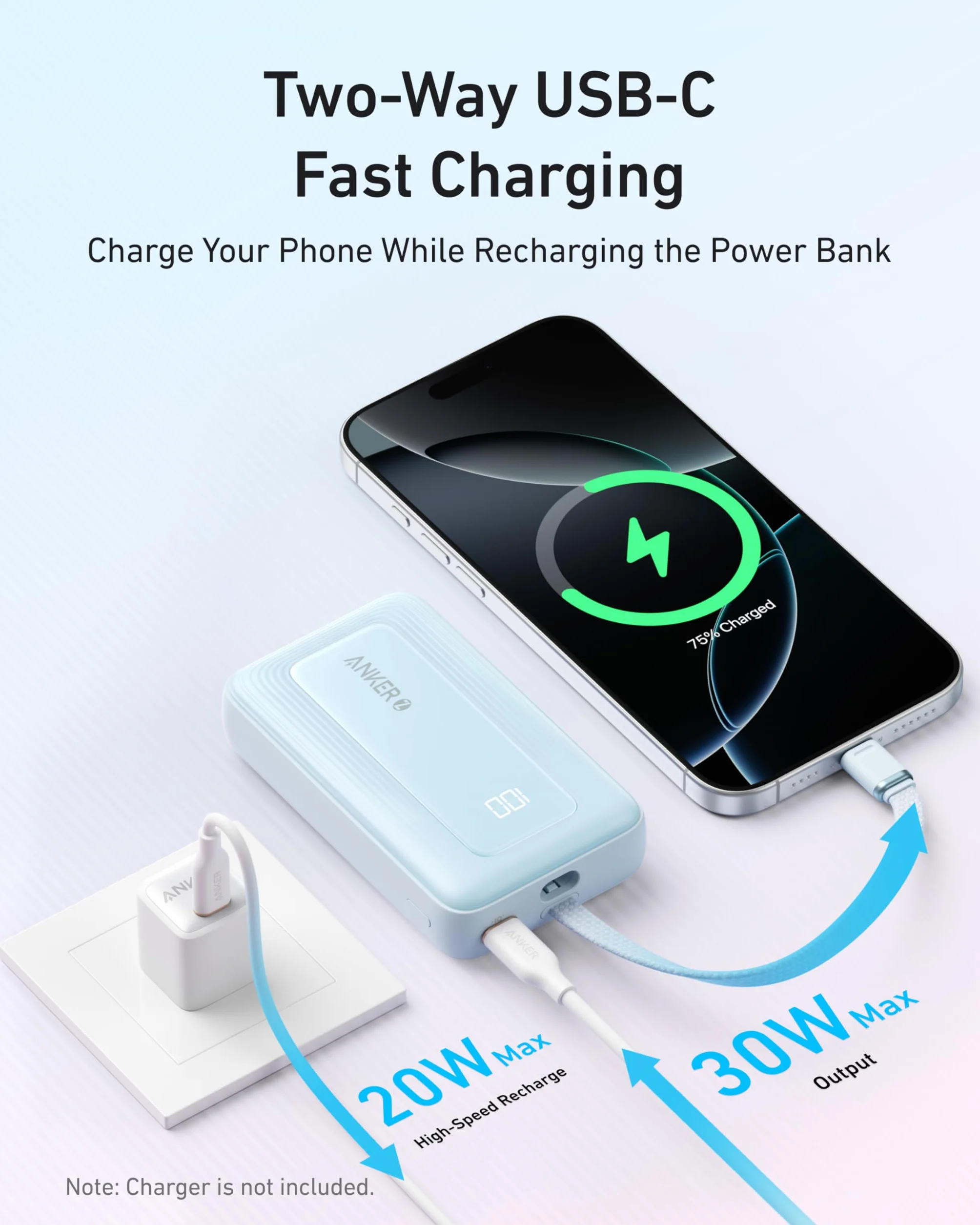 Powerbank Anker Zolo, 10 000 mAh 30 W, szybka przenośna ładowarka z wbudowanym kablem USB-C, akumulator do szybkiego ładowania dla serii iPhone 16, Galaxy, iPad i innych (różowy)
