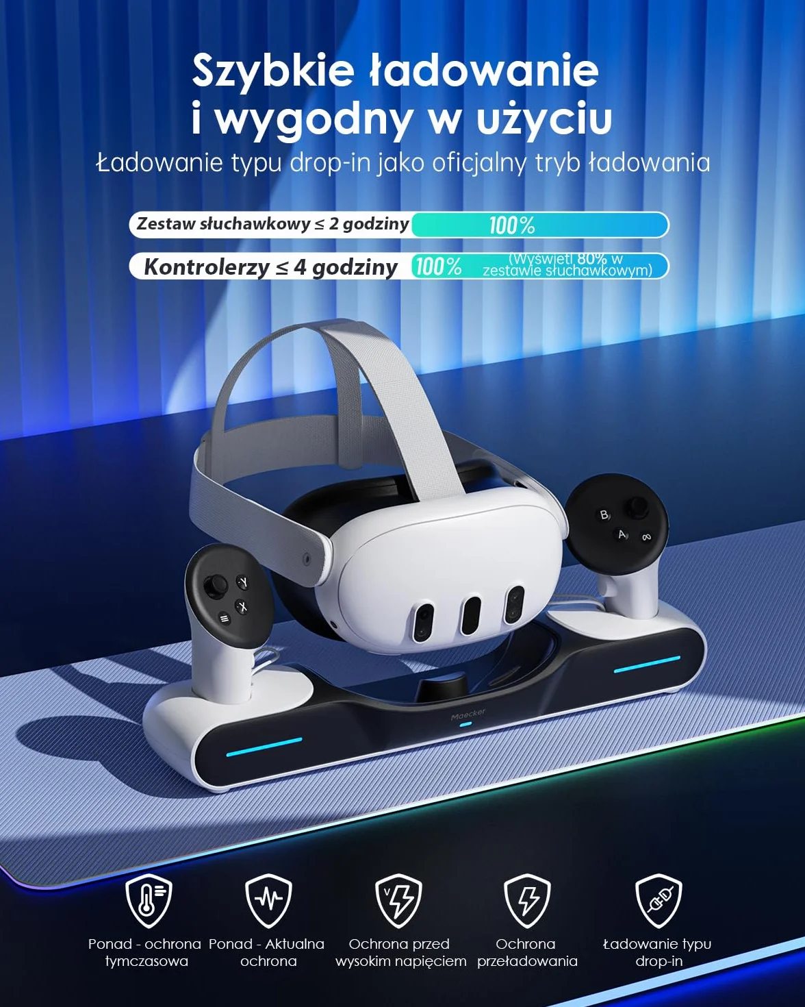 Stacja ładowania Quest 3 z drop-in charging headsets i kontrolerami akcesoria z 2 akumulatorami