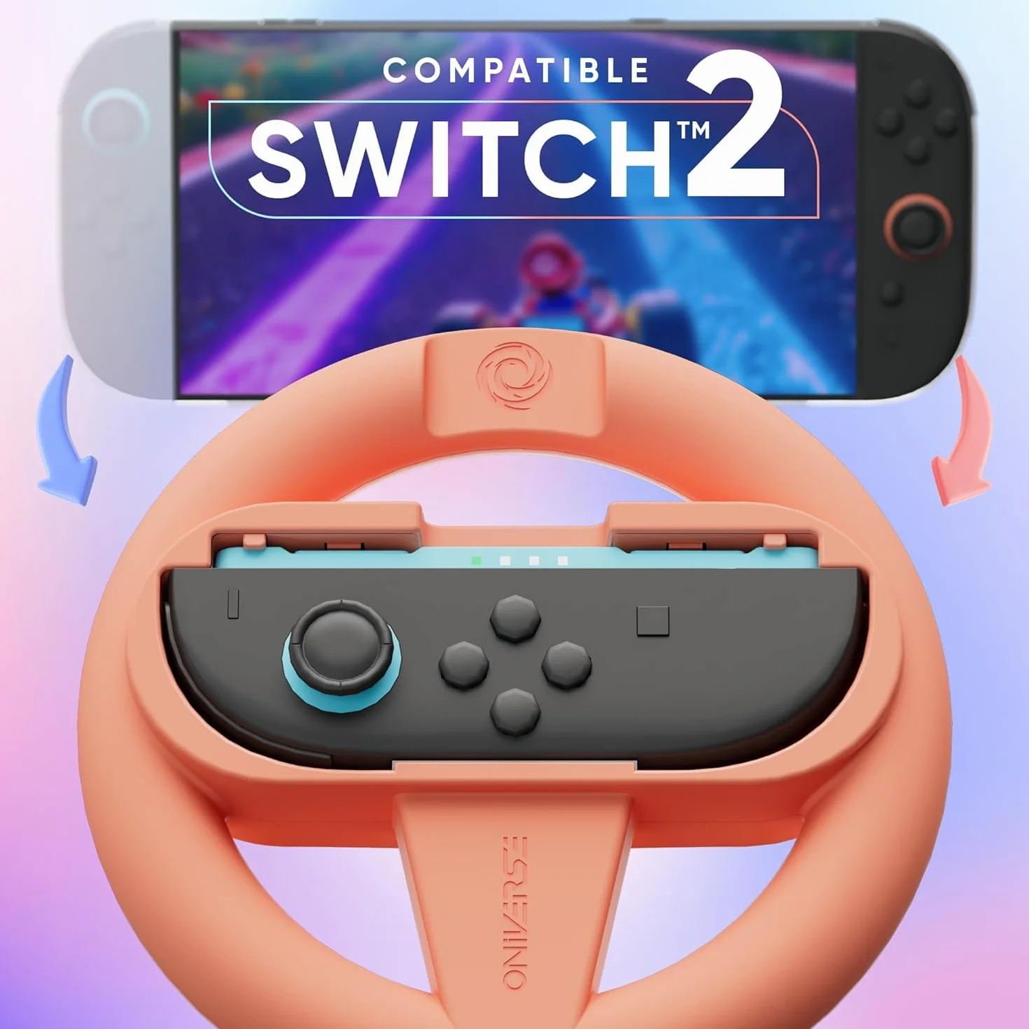 Oniverse Zestaw 2 Kierownic do Konsoli Nintendo Switch 2 – Akcesoria do Switch 2 do Mario Kart, Uchwyt Kierownicy Pomarańczowy i Niebieski, Intuicyjny, Dostępne przyciski SL/SR – Dla Joy-Con