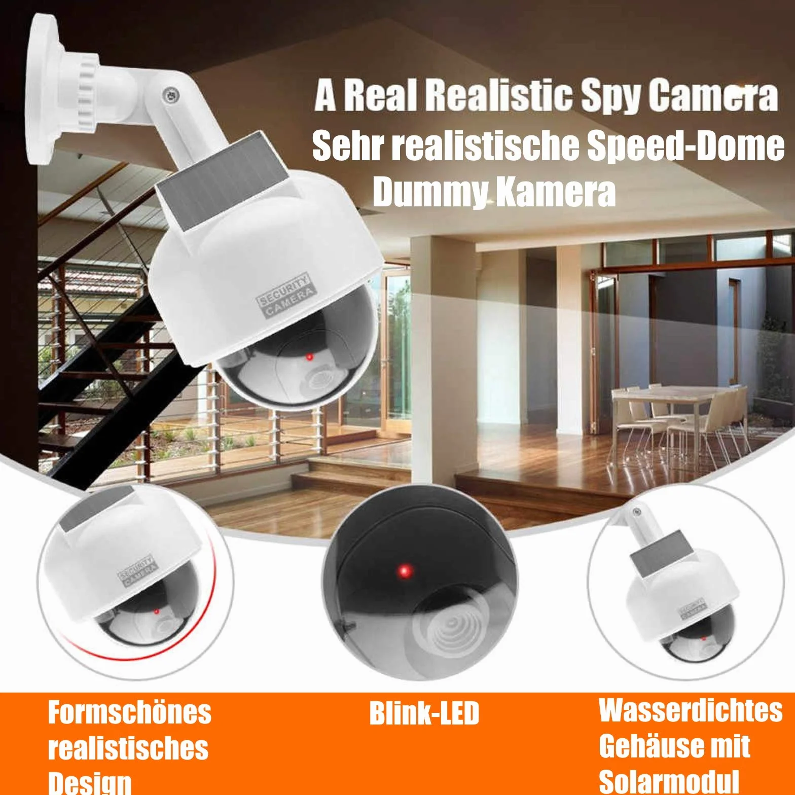 O&W Security Dummy Speed-Dome Solar atrapa kamery – z obiektywem i czerwoną migającą diodą LED (IRlook), wodoszczelna, 360° uchwyt ścienny/sufitowy, czujnik LED, do użytku wewnątrz i na zewnątrz, 2 x