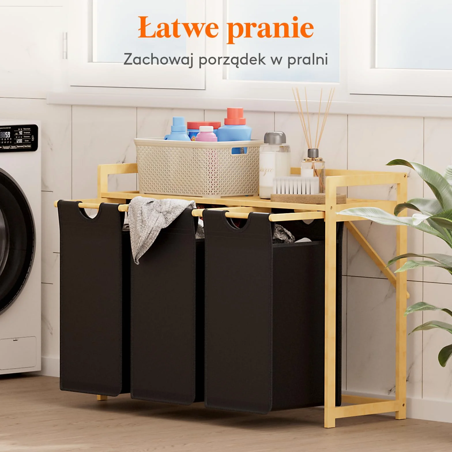 Lifewit Kosz na pranie z bambusową ramą, 150 l, z 3 przegródkami, zdejmowany pojemnik na pranie, bambusowy, 96, 2 x 33,4 x 72 cm, czarny