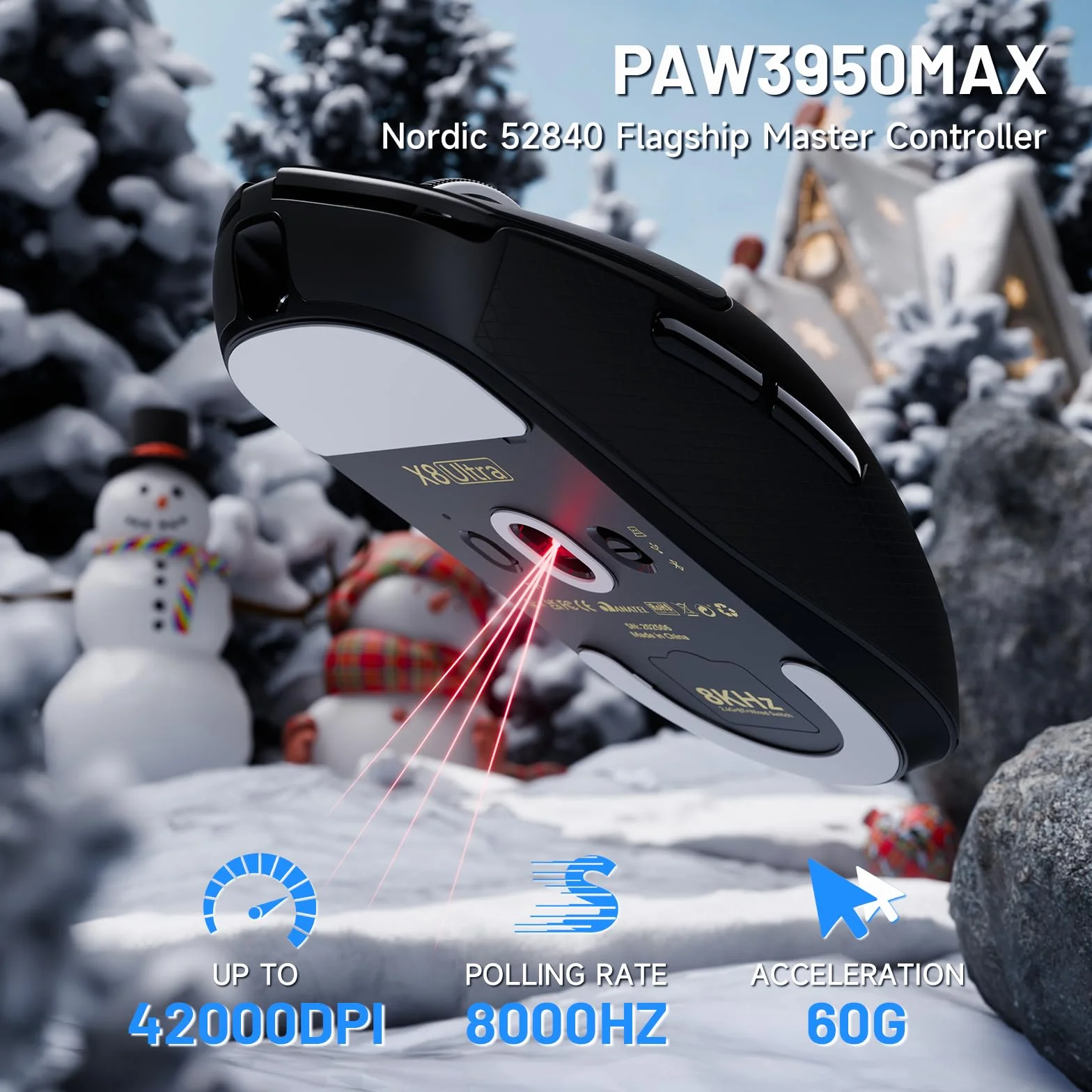 ATTACK SHARK X8 Ultra 8KHz Bezprzewodowa Mysz Gamingowa, 55g Ultralekkie, Nordic 52840, PAW3950MAX, 42KDPI, BT/2.4Ghz/USB-C, Chłodne Nano-Pokrycie, Dużych Rąk, 500mAh, Griptape, SW&Web Driver (Czarny)