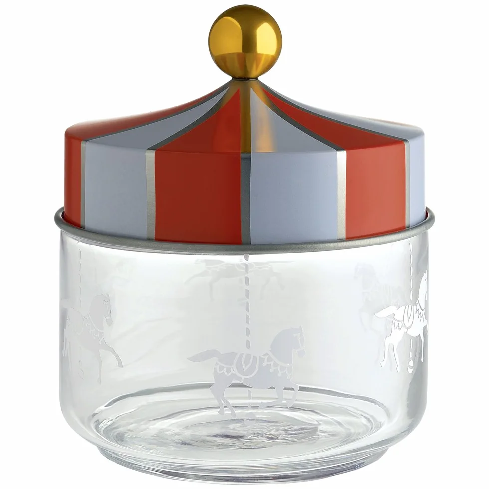 Alessi Circus MW30/50 - naczynie kuchenne na designerskie artykuły spożywcze, szkło z nadrukiem na ekranie z pokrywką z tasiemką, 50 cl