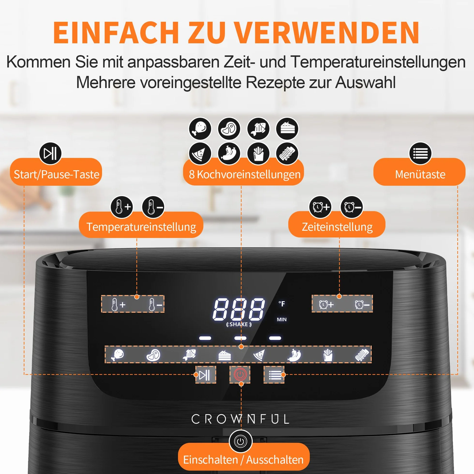 CROWNFUL Frytkownica pneumatyczna 8 w 1, bezolejowa elektryczna 6,2 l z ekranem dotykowym LCD i 8 ustawień wstępnych, precyzyjna regulacja temperatury, kosz nieprzywierający, 1500 W