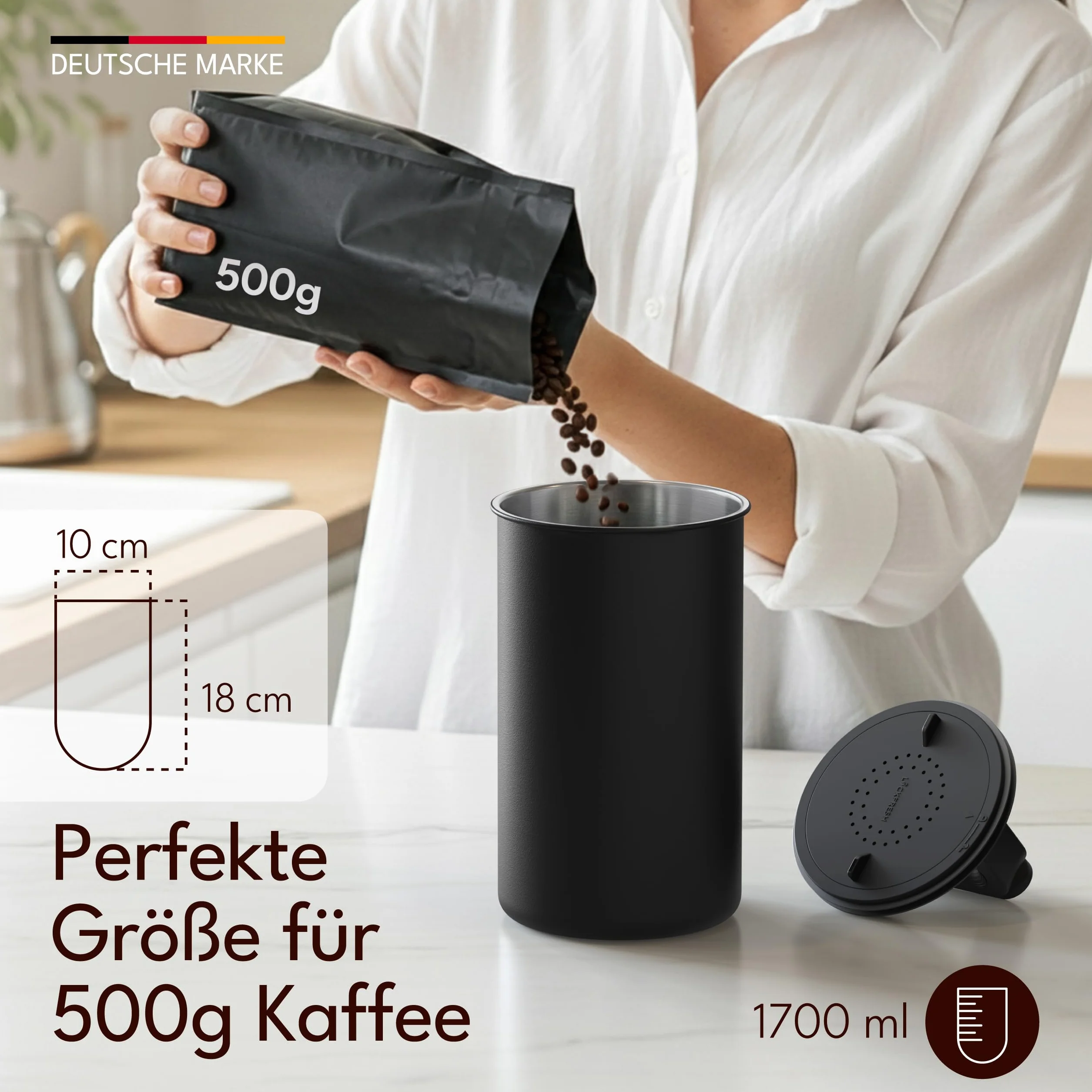 Hermetyczny pojemnik na kawę, 500 g, z pokrywką próżniową (pojemnik na kawę, herbatę, ze stali nierdzewnej, z zamknięciem zapachowym, słoik do przechowywania 500 g kawy), czarny matowy (1700 cm)