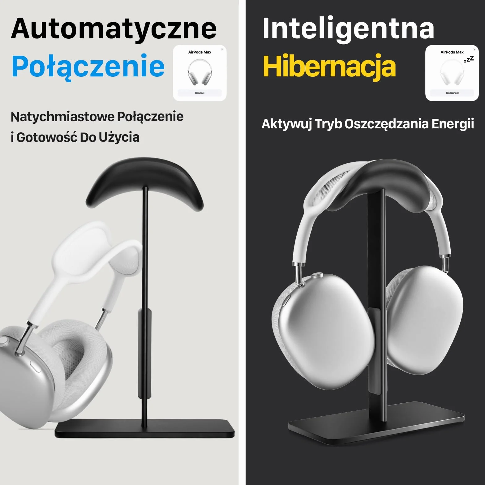 AirPods Max stojak z trybem uśpienia – solidna aluminiowa, antypoślizgowa podstawa, ochrona ABS, powierzchnia dotykowa odporna na zarysowania (czarna)
