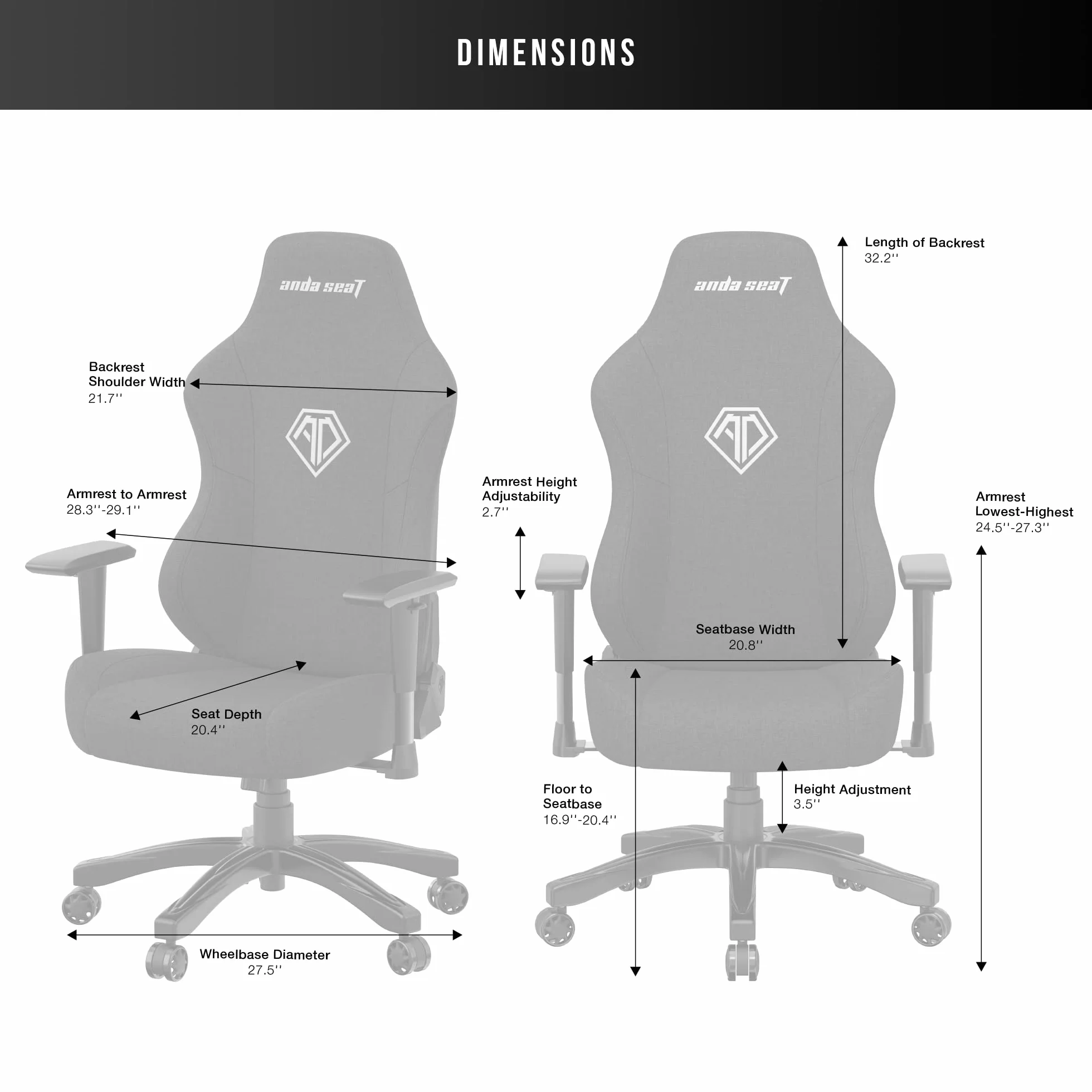 AndaSeat Phantom 3 Series Premium krzesło biurowe dla graczy, szara tkanina, głębokość siedziska 52 cm