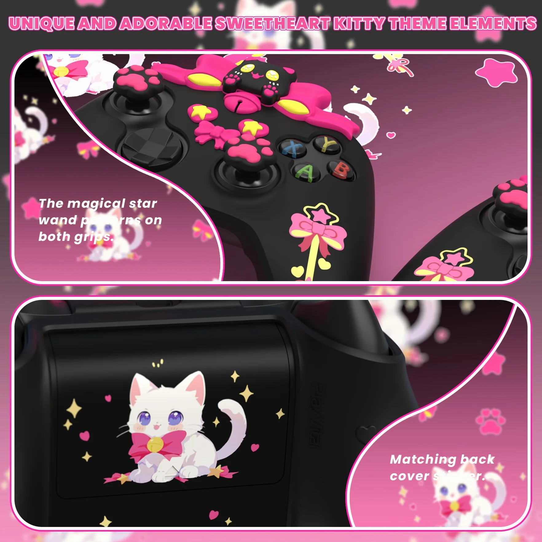 PlayVital Silikonowa Osłona do Xbox Series X S Kontrolera z Nakładkami Joystick i Naklejkami, Miękka Gumowa Ochrona Akcesoria do Xbox Core Controller–Czarny,Sweetheart Kitty