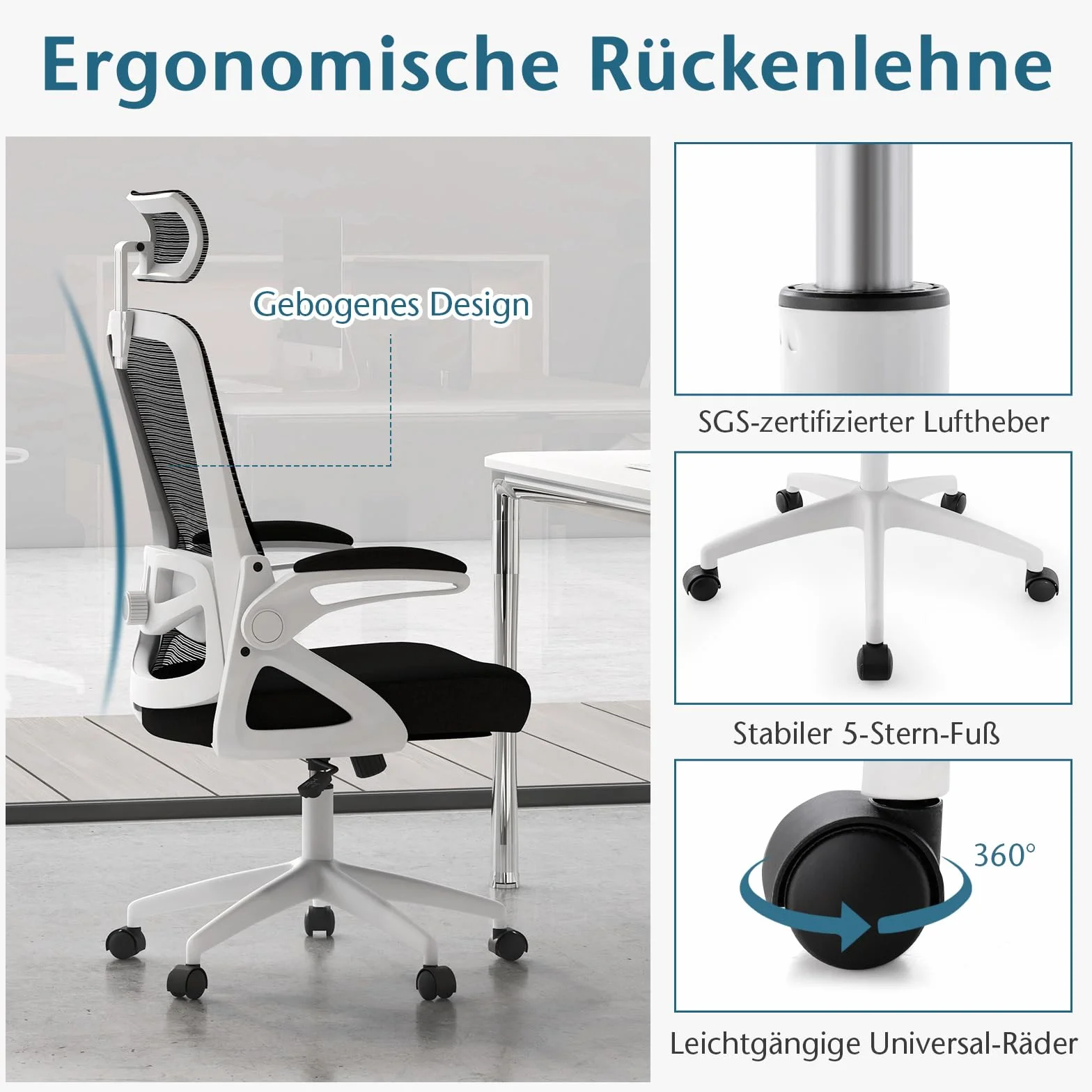 COSTWAY Ergonomiczne krzesło biurowe z regulowanym podparciem lędźwiowym i zagłówkiem, ze składanymi podłokietnikami i wysokim oparciem, obrotowe krzesło komputerowe z funkcją przechylania (białe)