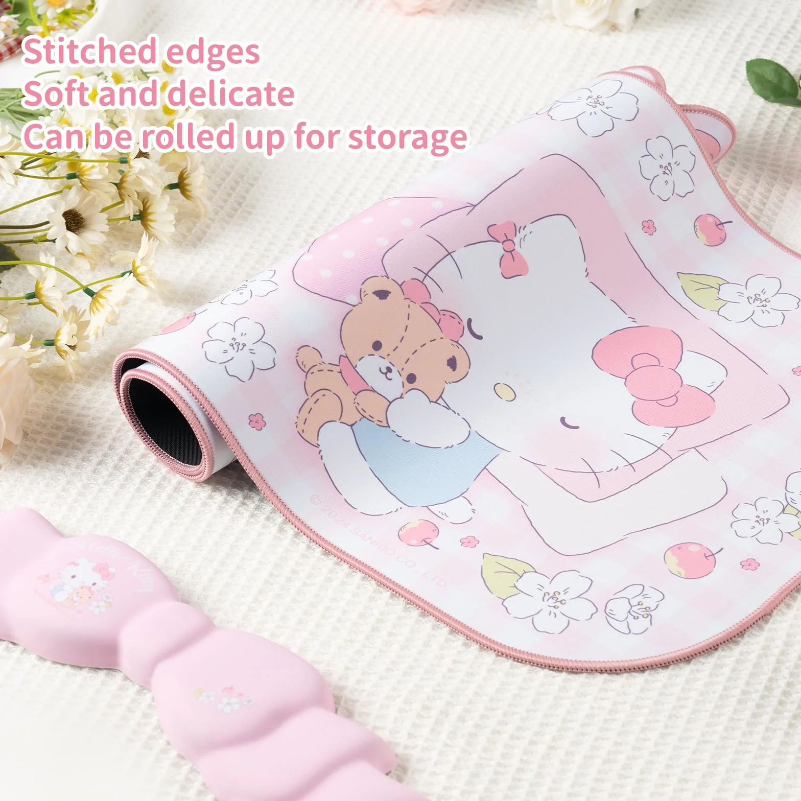 Kuitmor Kawaii Anime Zestaw z Podkładką i Wsparciem dla Nadgarstka - Nieśliska Mata Biurkowa oraz Piankowa Podkładka z Kokardką na Klawiaturę i Mysz, Idealny do Gier i Pracy w Domowym Biurze