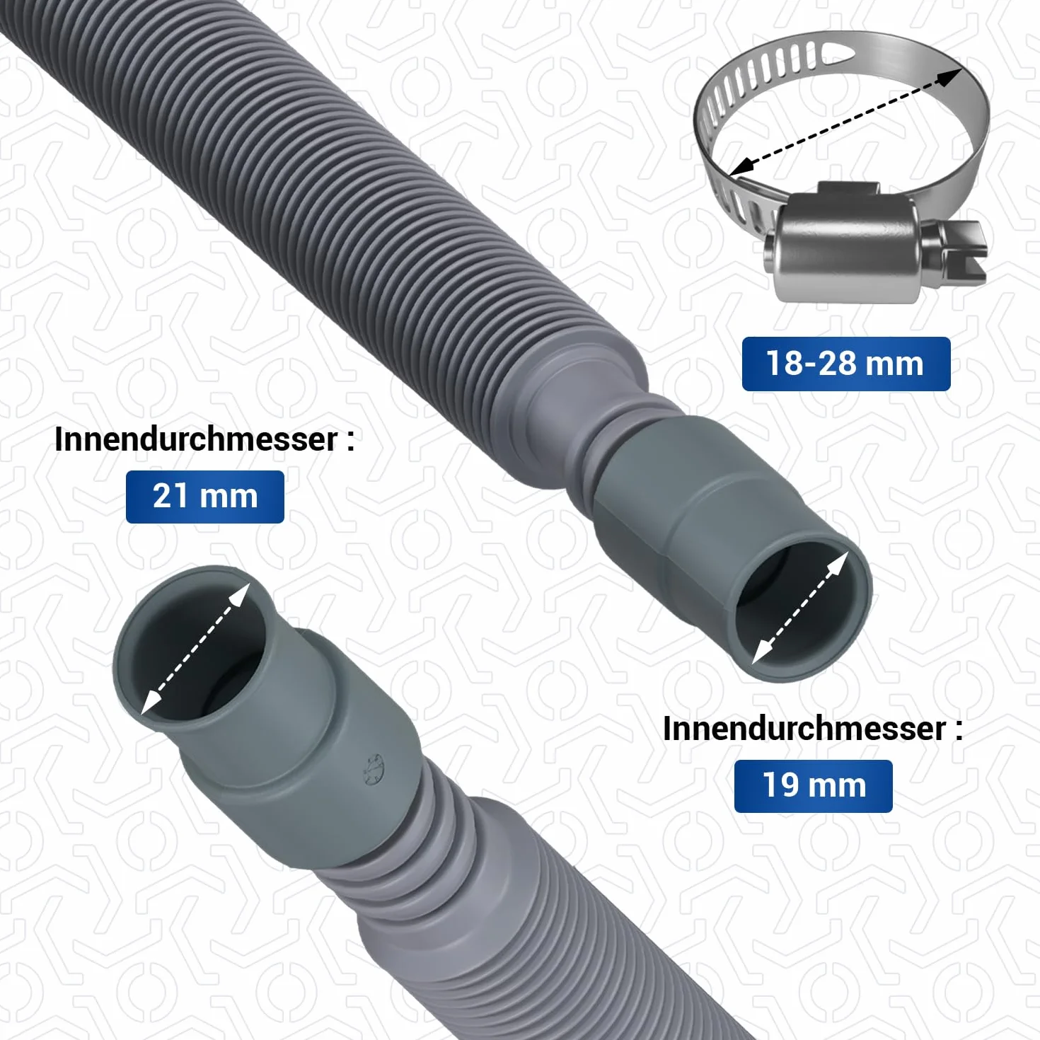 VIOKS Zestaw elastycznych węży spustowych do pralki 65-200 cm 19/21 mm Ø zacisk węża