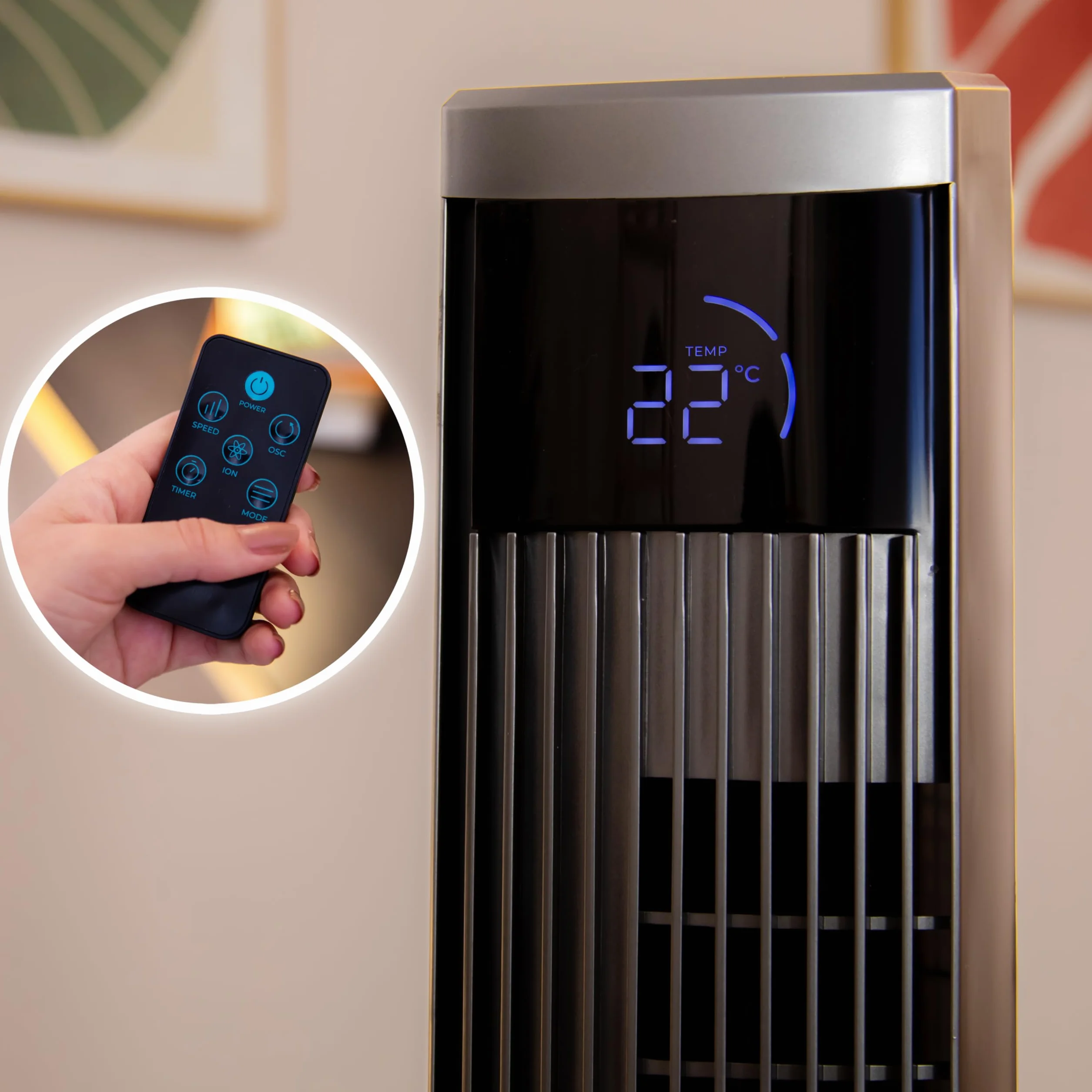 Cecotec EnergySilence 9090 Skyline Ionic Tower Fan 47" 45 W jonizator ekran dotykowy LED pilot zdalnego sterowania 3 tryby prędkości 12-godzinny timer oscylacja 70º