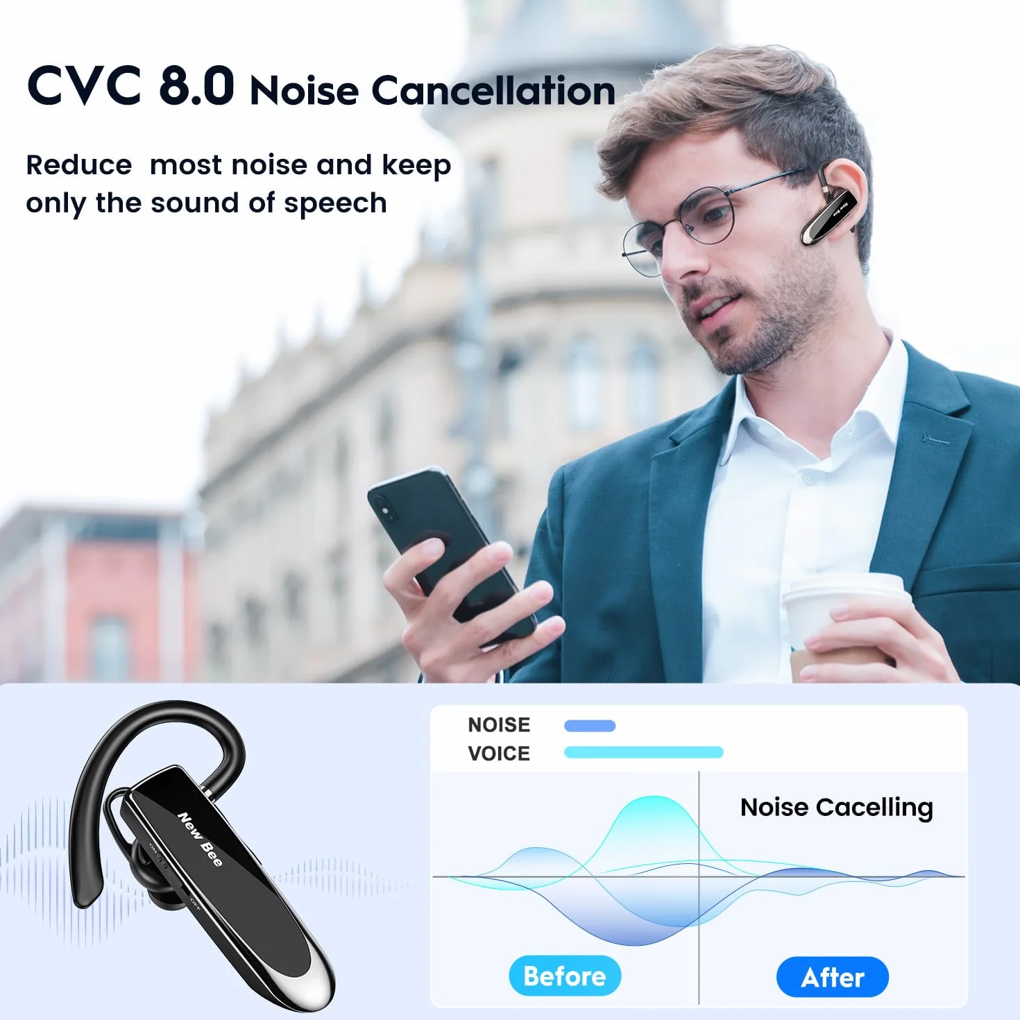Bee Słuchawki Bluetooth V5.0 z Clear Voice Capture, do Telefonów iPhone, Samsung, Huawei, HTC, Sony itp.
