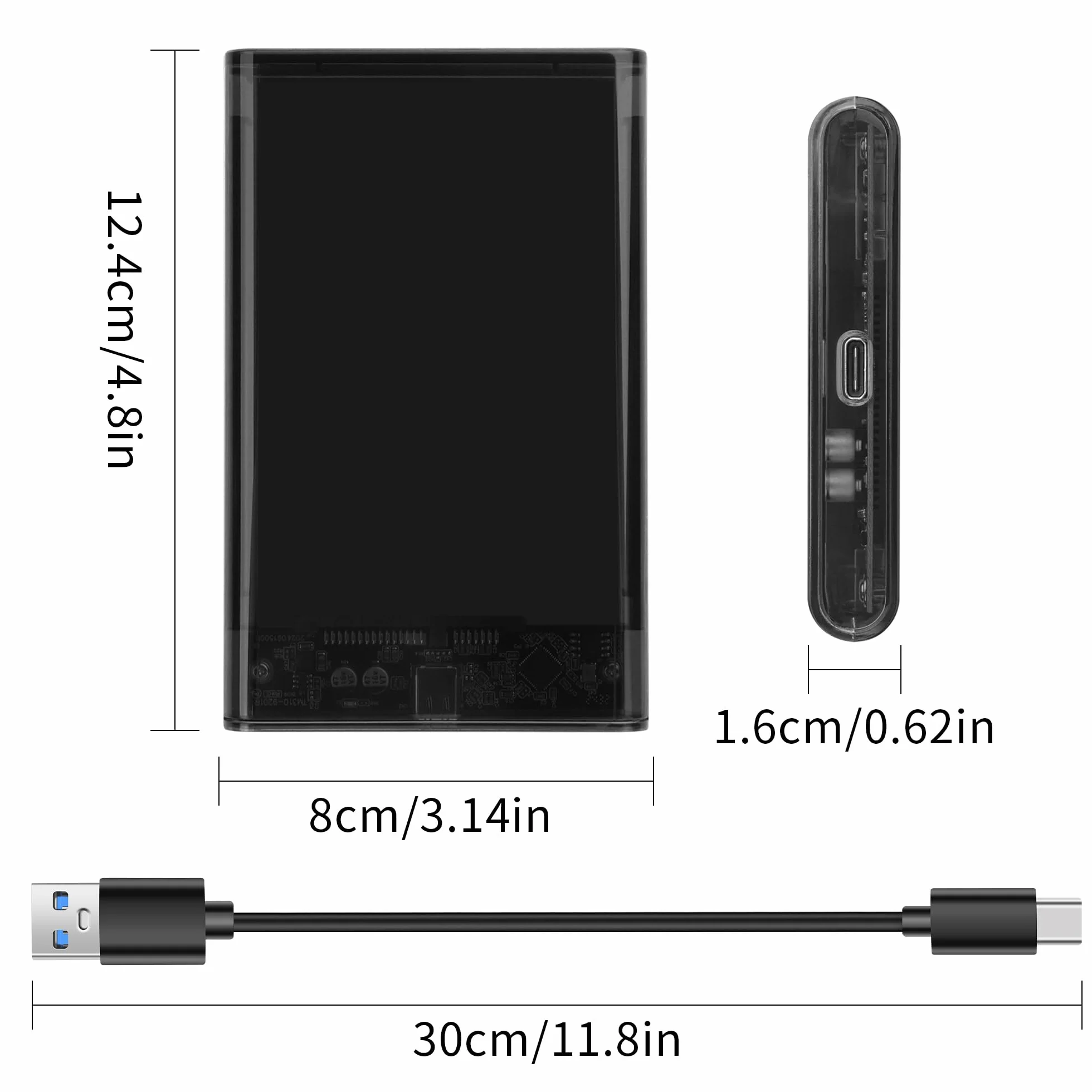 YAODHAOD Przezroczysta obudowa dysku twardego 2,5 cala, obudowa USB typu C do SATA III 6 Gbps HDD SSD obudowa, obsługuje UASP i transfer danych 750 MB/s, kompatybilna z laptopami Mac, PS4 Xbox (czarny