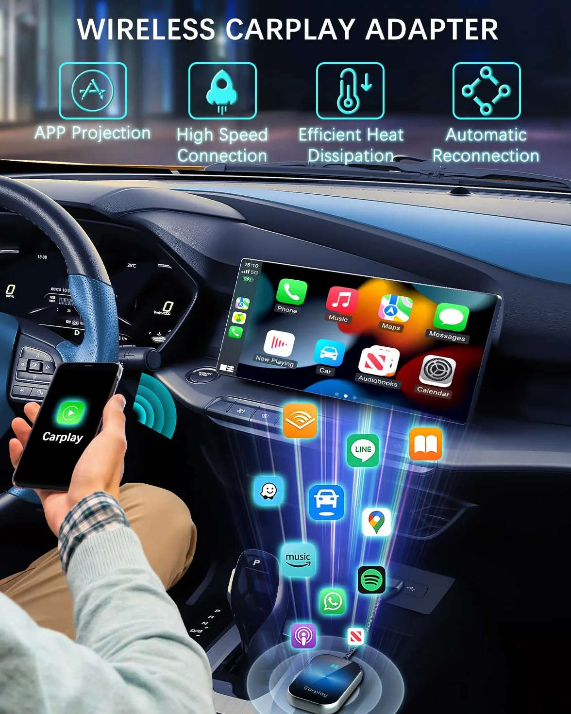 Adapter CarPlay z USB C/A i 5,8 GHz WiFi, umożliwiający konwersję fabrycznego przewodowego CarPlay na bezprzewodowy, funkcja Plug & Play, do samochodów od 2015 roku oraz iPhone z iOS 10+