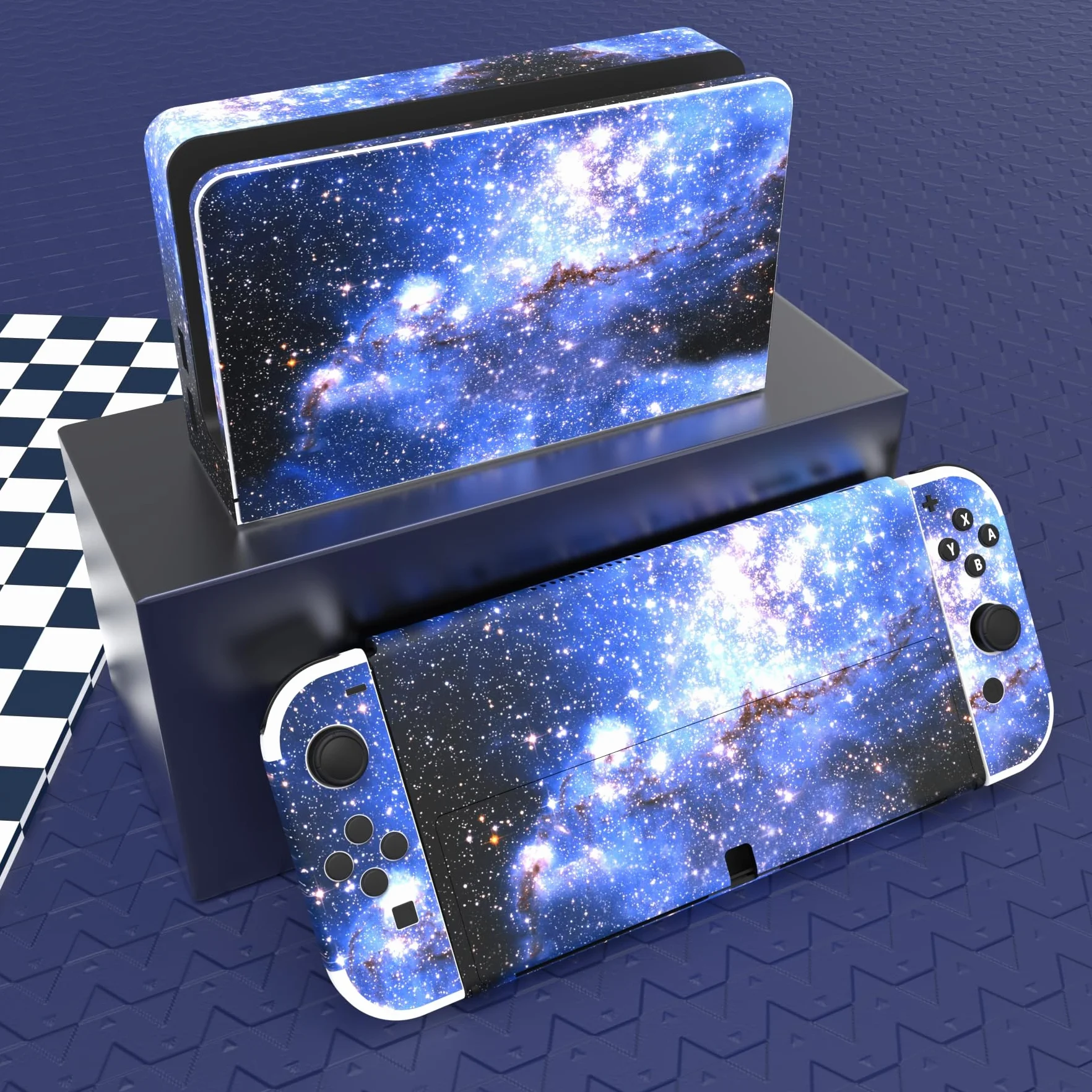 PlayVital Naklejka Skóry do Switch OLED Stickers Vinyl,Skórka Naklejki do Switch OLED Console & Joycon & Dock & Grip-Niebieska Galaktyka