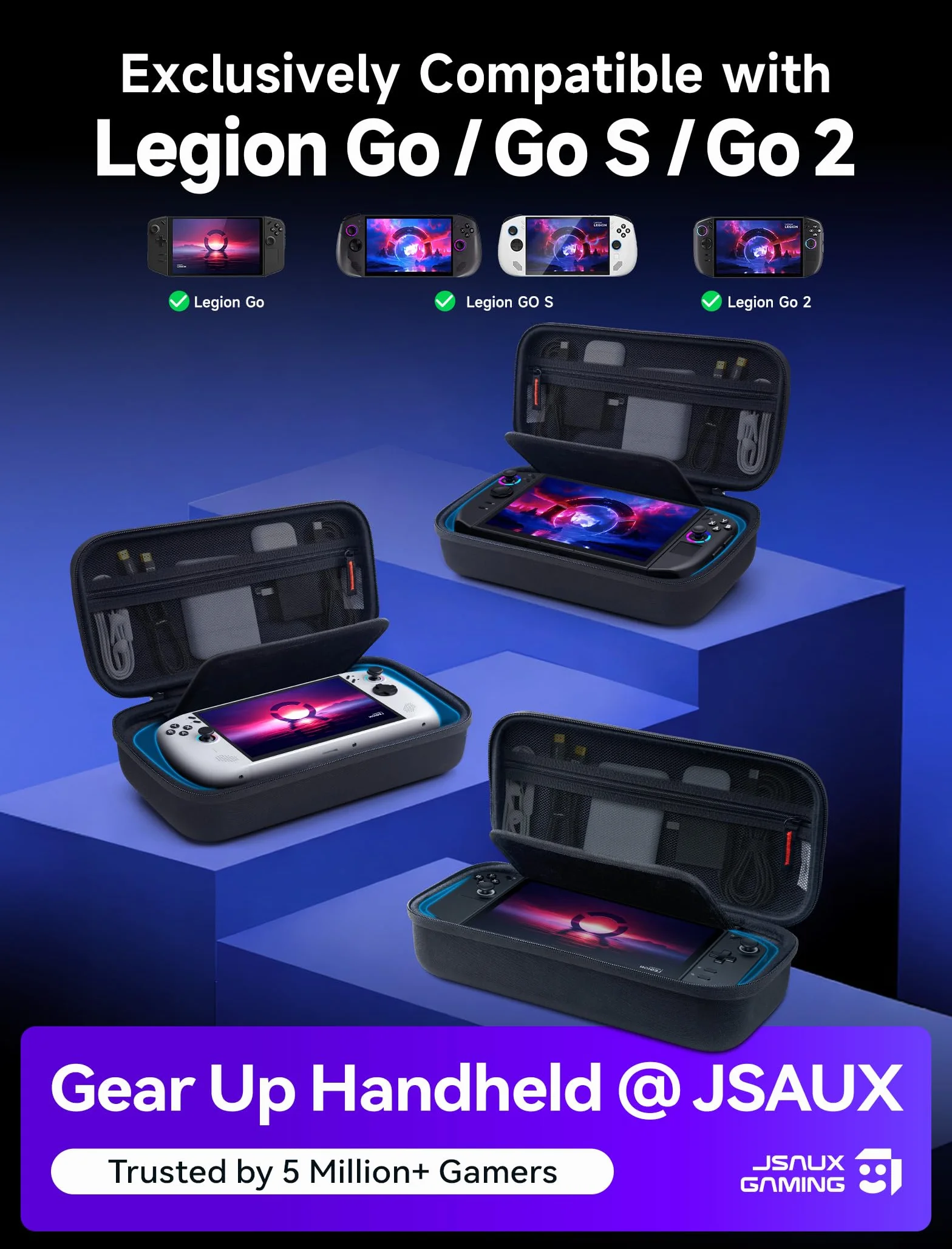 JSAUX Etui do Lenovo Legion Go / Go S i Go 2, duże etui podróżne z twardą skorupą, z osłoną ekranu i uchwytem, ​​torba do przechowywania konsoli, kontrolera i stacji dokującej, czarne