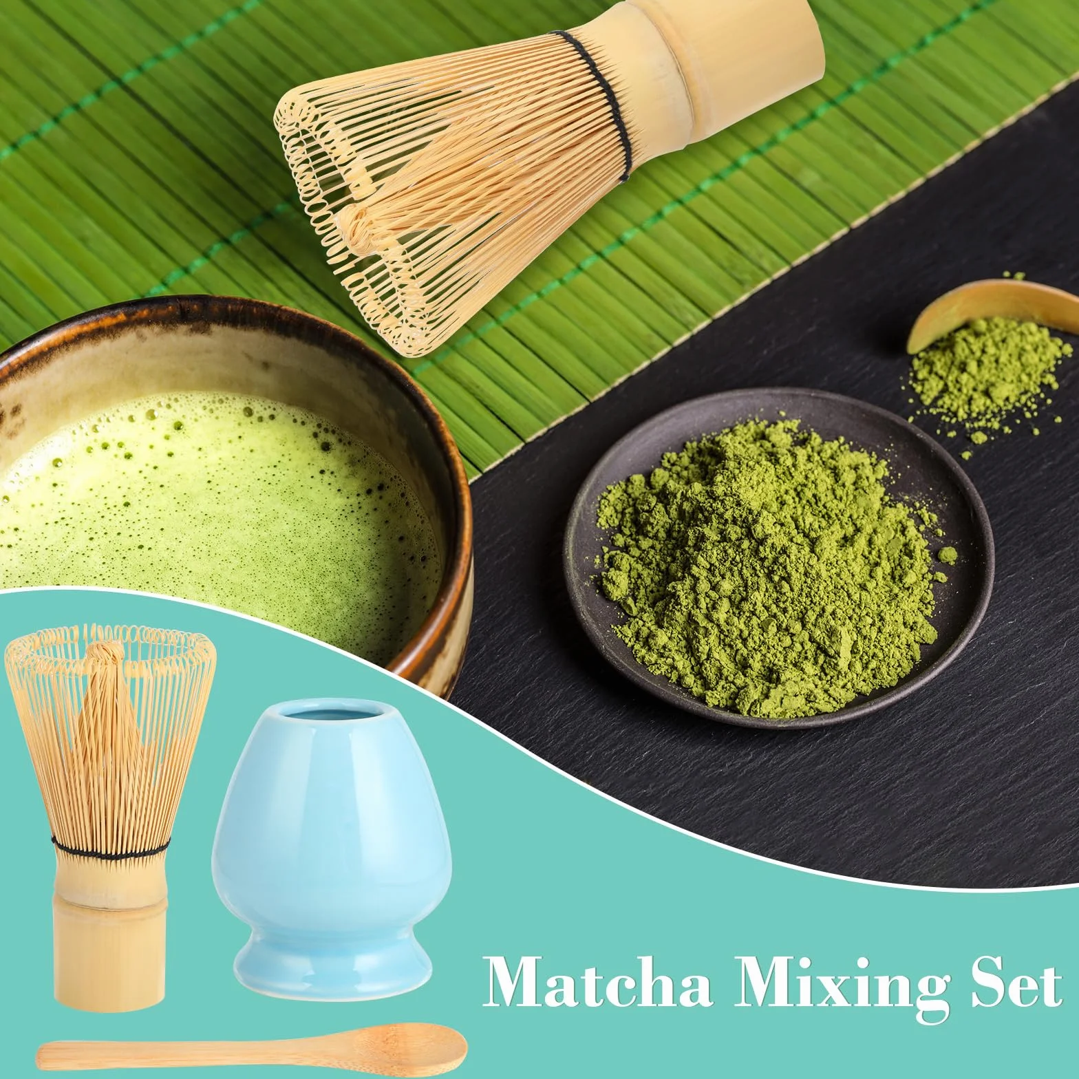 matcha - 4-częściowy zestaw herbaty matcha, miotła, miska, chasa i łyżka - akcesoria do postaci emonii (niebieski (bez miski))