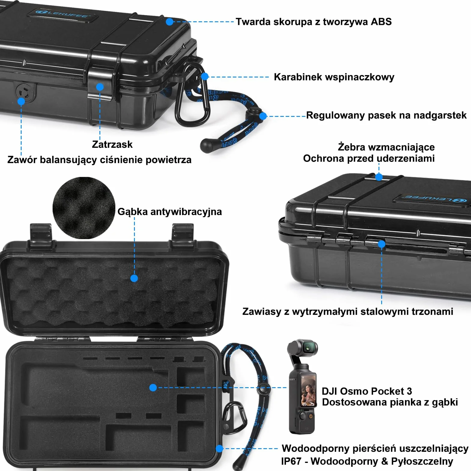 LEKUFEE Podróżny wodoodporny twardy futerał na DJI Osmo Pocket 4,Osmo Pocket 3/Creator Combo/Power Expansion Combo/kamera do vlogowania i akcesoria (tylko etui i torba)