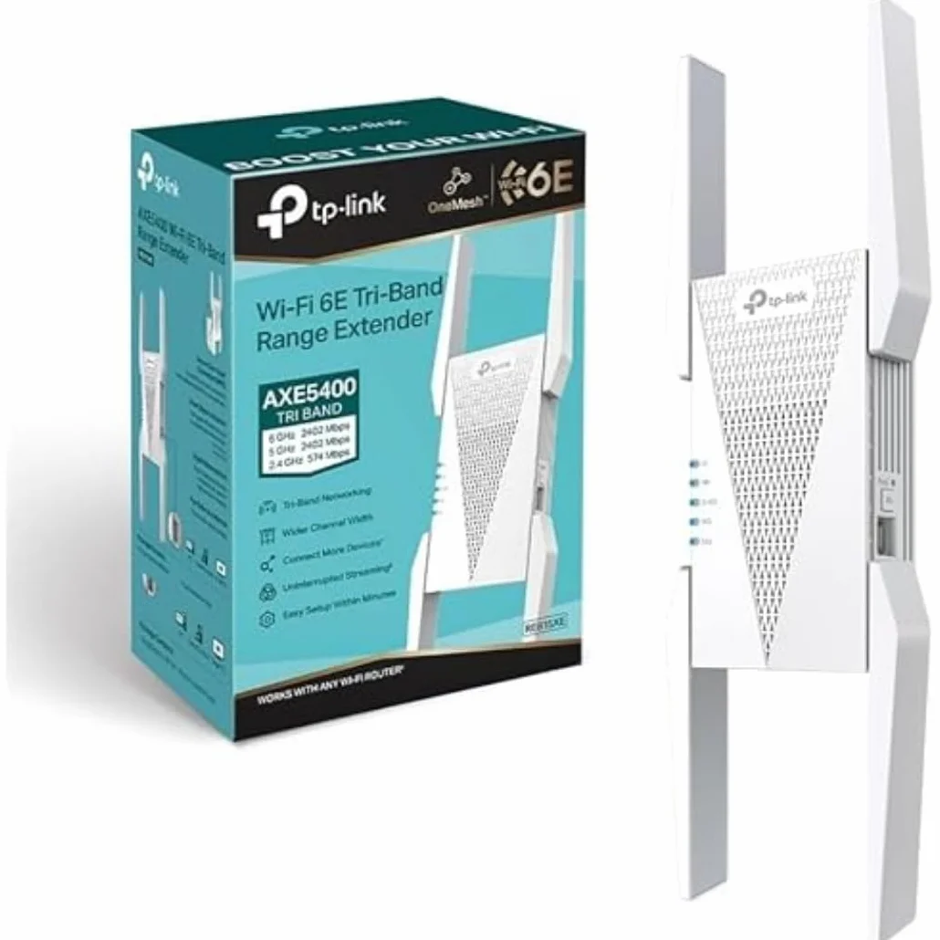 TP-Link RE815XE | Wzmacniacz sygnału Wi-Fi 6E AXE5400 | Trójpasmowy | Prędkość do 5400 Mb/s | Pasmo 6 GHz | Port Gigabit Ethernet | Kompatybilny z EasyMesh | Tryb Punktu Dostępowego