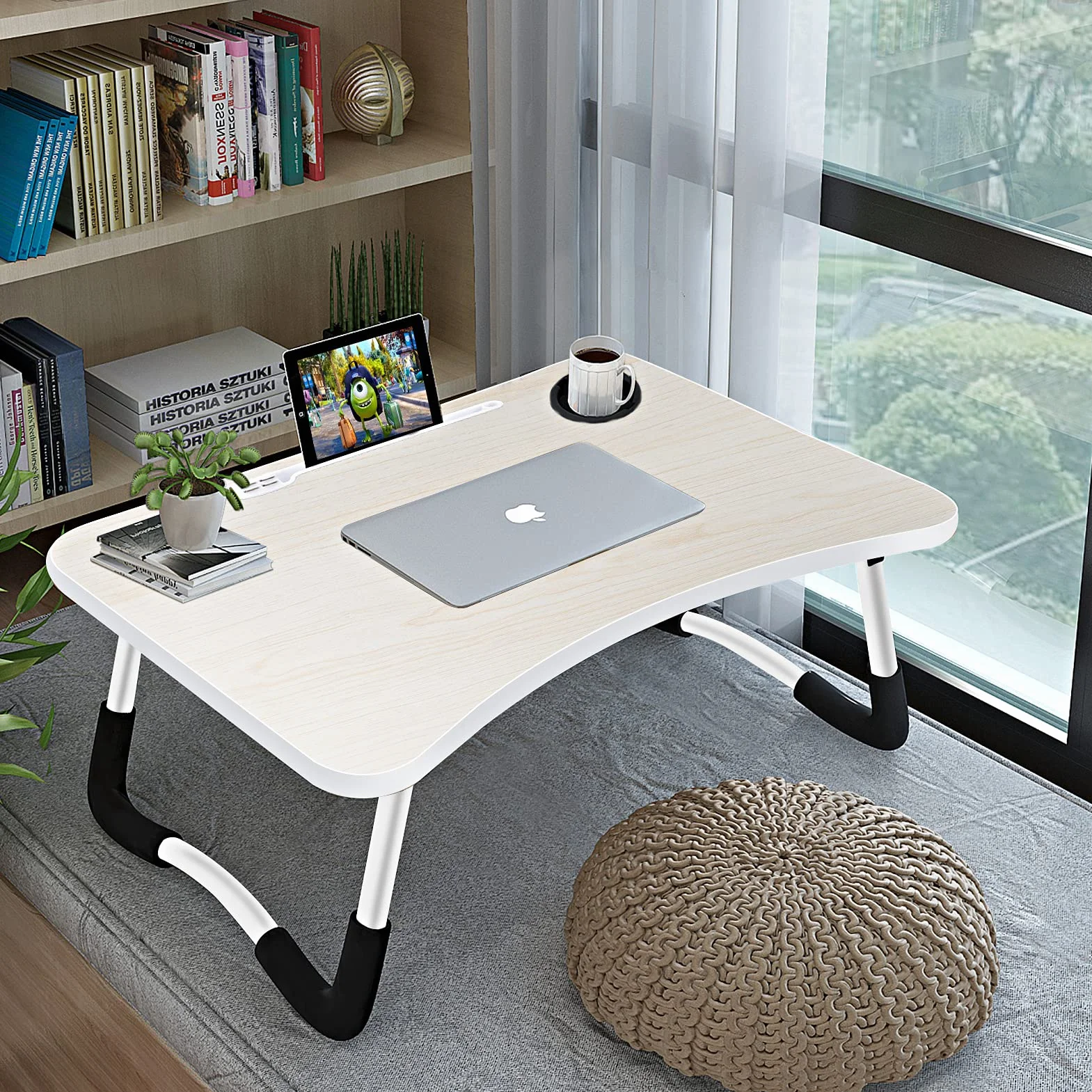 Stolik pod laptopa, składany stolik do notebooka z 4 portami ładowania USB, szufladą, stojakiem na tablet, szczeliną na filiżanki, na łóżko, sofę, podłogę (60 x 40 cm, Biały)