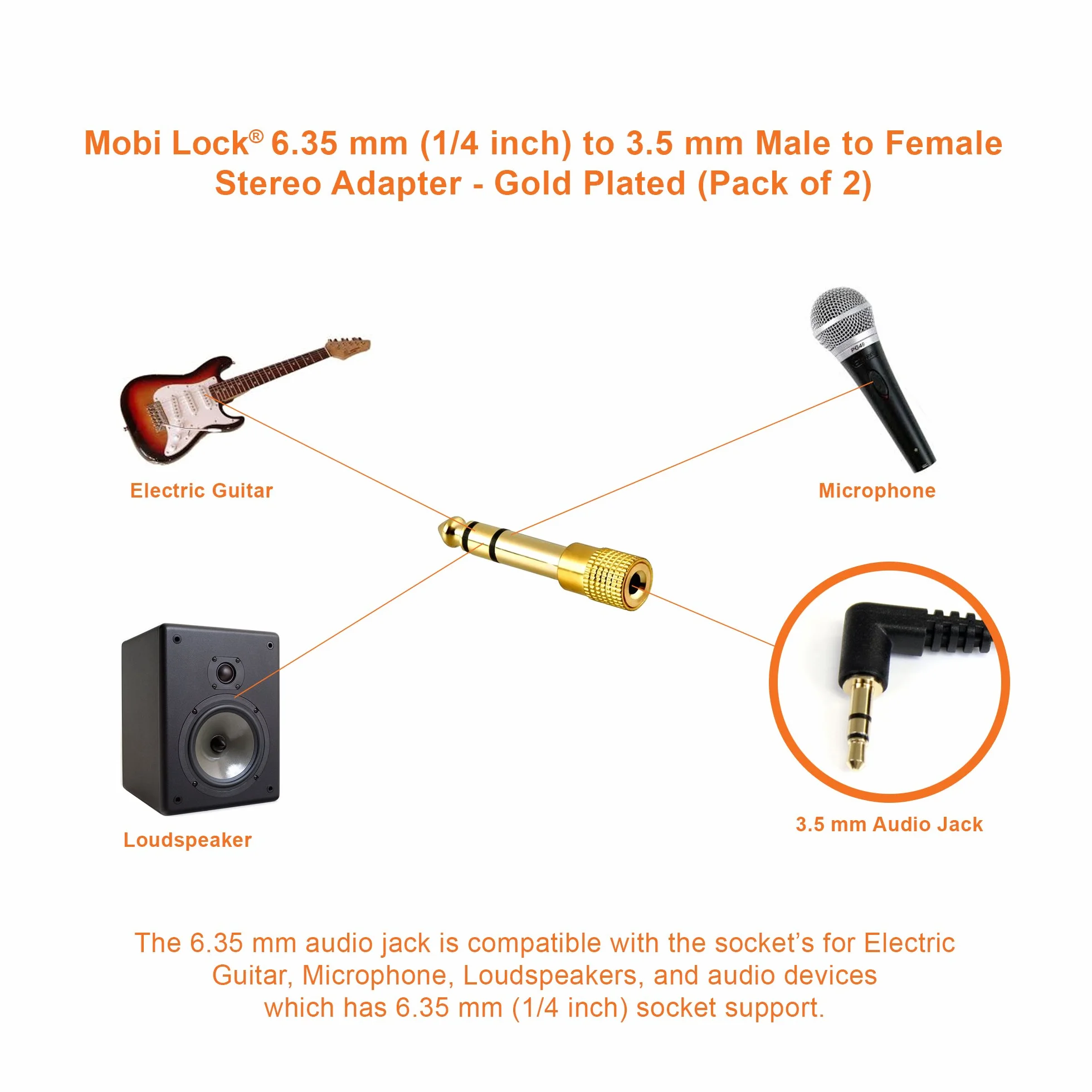 2 Sztuki Wtyk 6,35 mm do Gniazda 3,5 mm - Adapter Jack Audio Stereo 1/4 do 1/8 Cala - Łączy Urządzenia z Portem 6,35 mm z Urządzeniami Audio 3,5 mm - od Mobi Lock
