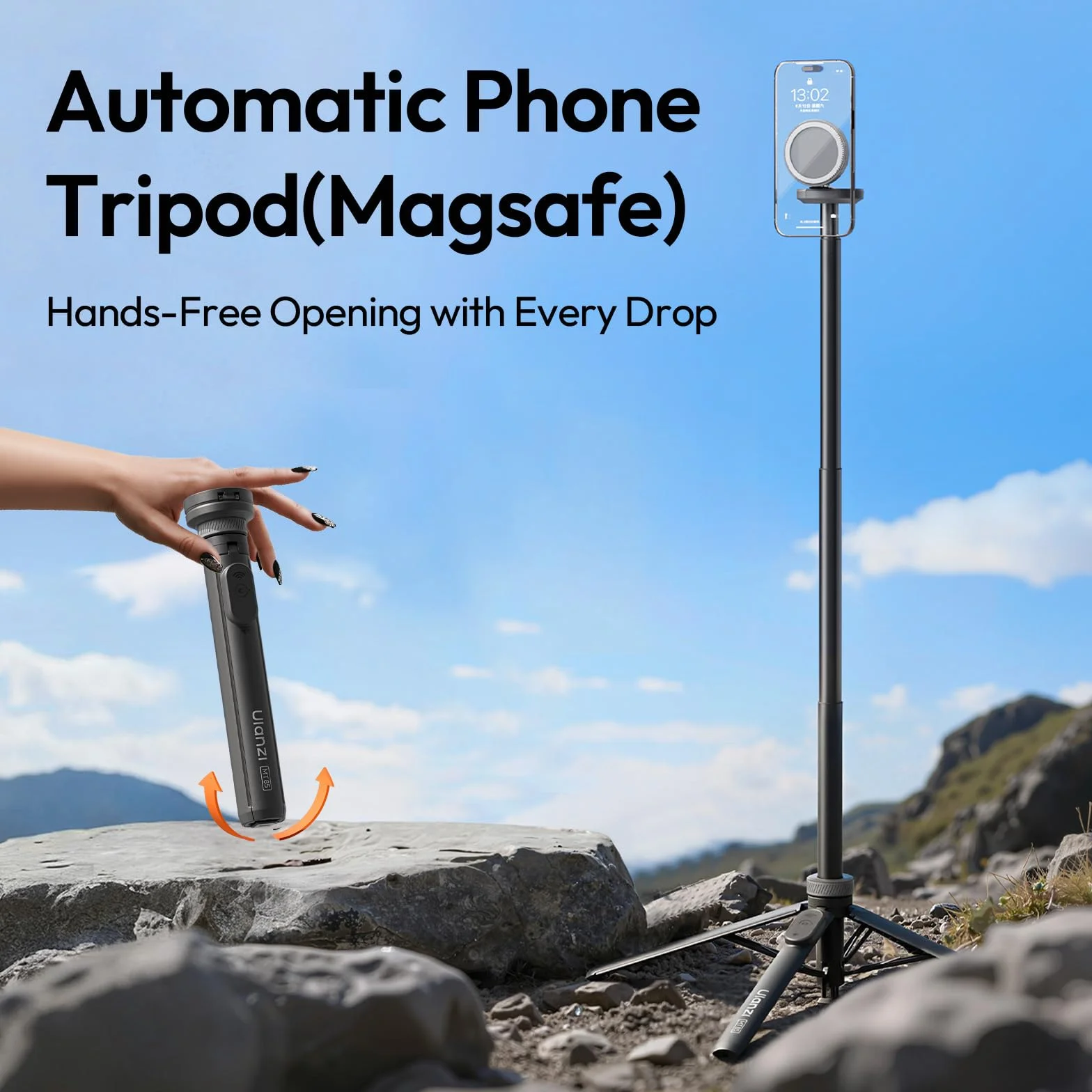 ULANZI MT85 59" Statyw magnetyczny, rozkładany, czteronożny, kijek do selfie Bluetooth 150 cm, automatycznie otwierany/zamykany, magnes 25N, kompatybilny z iPhone'em 17 16 15 14 13 12 Magsafe Samsung