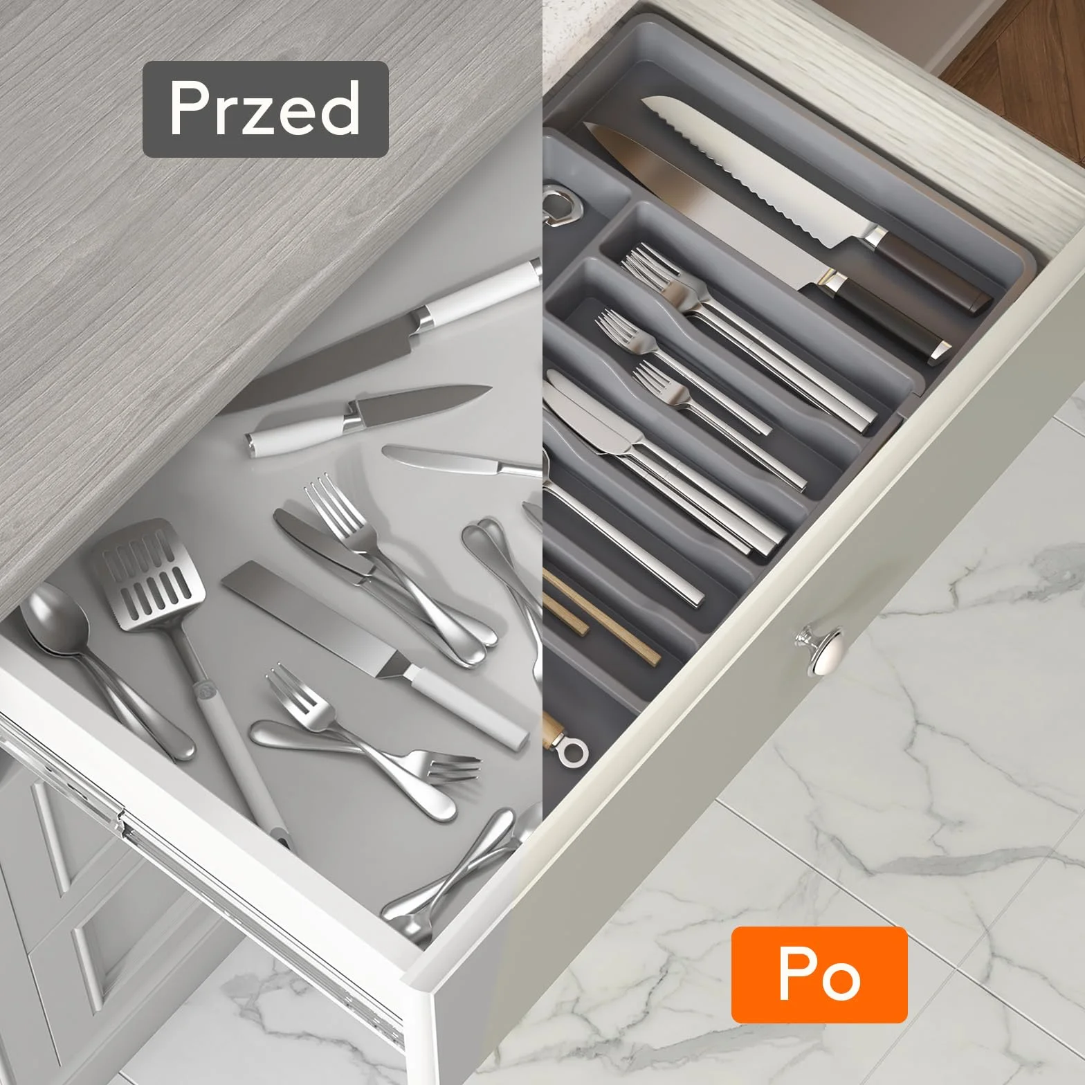 Lifewit Silverware Organizer, Rozszerzalna Taca na Przybory do Szuflady, Regulowany Uchwyt na Sztućce, Kompaktowa Plastikowa Szuflada do Przechowywania Łyżek, Widelce, Noże, Duża, Ciemnoszary