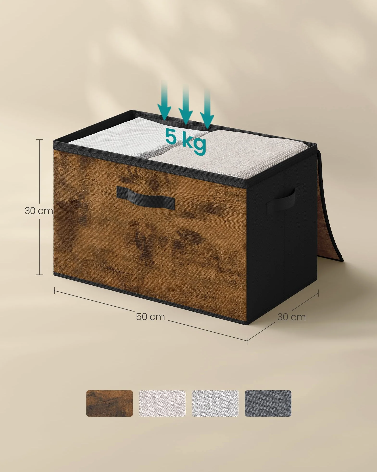 SONGMICS Pudełko do przechowywania z pokrywką, składane pudełko z materiału z uchwytami, pudełko do przechowywania ubrań, materiał nietkany, zestaw 3 sztuk, 50 x 30 x 30 cm, brąz vintage RYZ050BH02