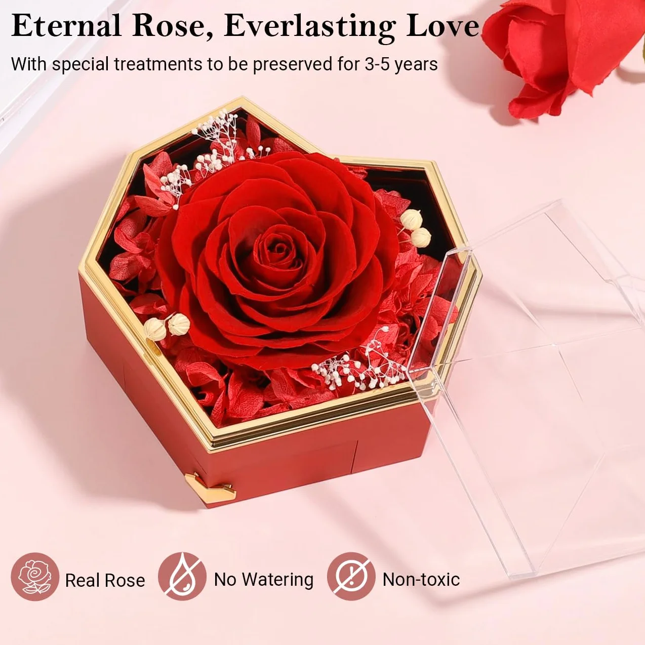 Emibele Preserved Real Rose with Heart Necklace, Eternal Flowers Rose Box with I Love You Necklace 100 Languages, Preserved Rose Jewelry Gift for Mom Women Her Wife Mother Valentine Day Grandma, Red
