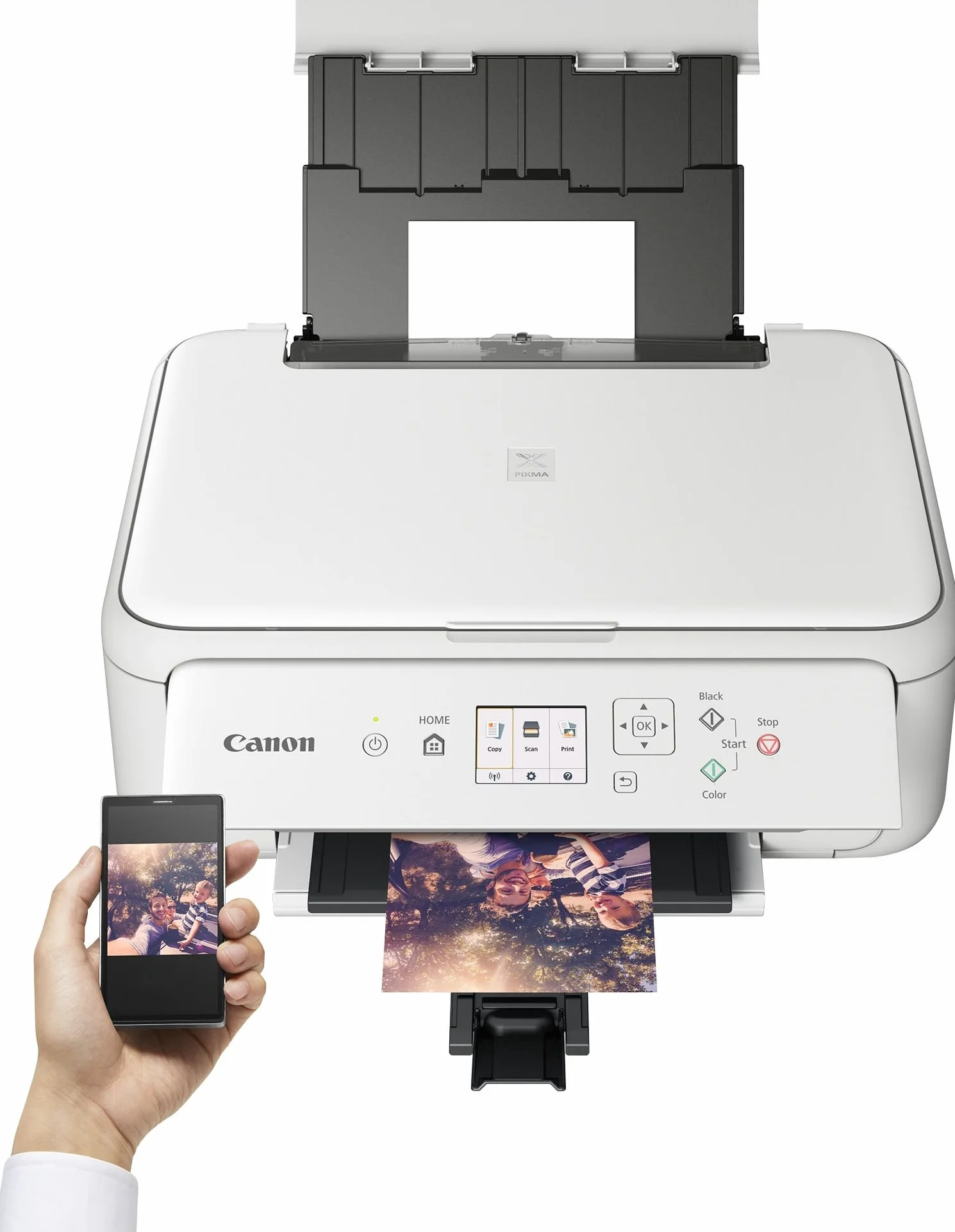 Canon PIXMA TS5151 drukarka atramentowa, urządzenie wielofunkcyjne DIN A4 (skaner, kopiarka, kolorowy wyświetlacz, 4800 x 1200 dpi, USB, Wi-Fi, druk dwustronny, 2 podajniki papieru), biała