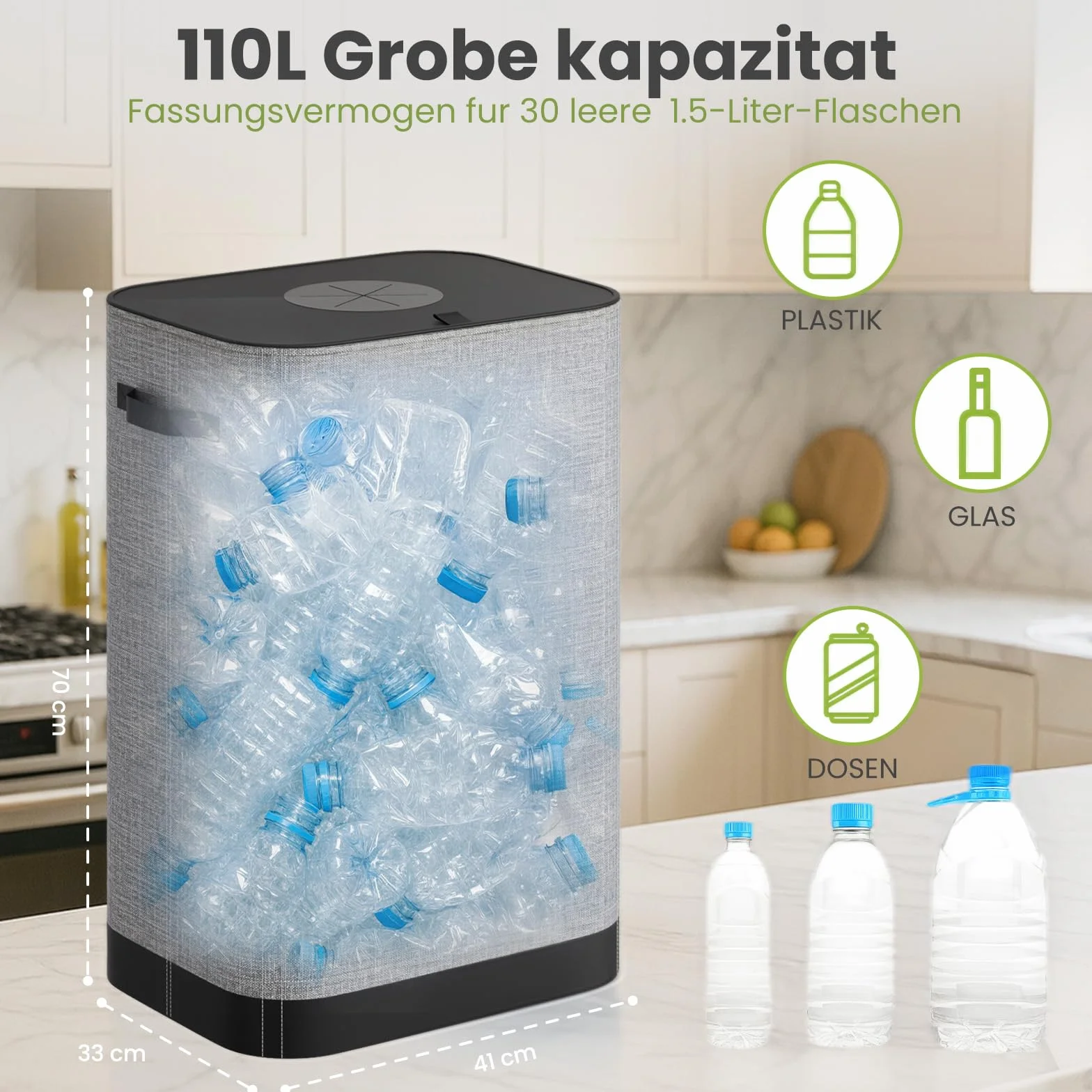 AIUNAOM 110L Duży kosz na śmieci do kuchni,Pojemnik na butelki z workiem do recyklingu,Butelki z kaucją do odpadów nadających się do recyklingu i szkła,Butelek,Pojemnik na Odpady do domu,biura,Szary