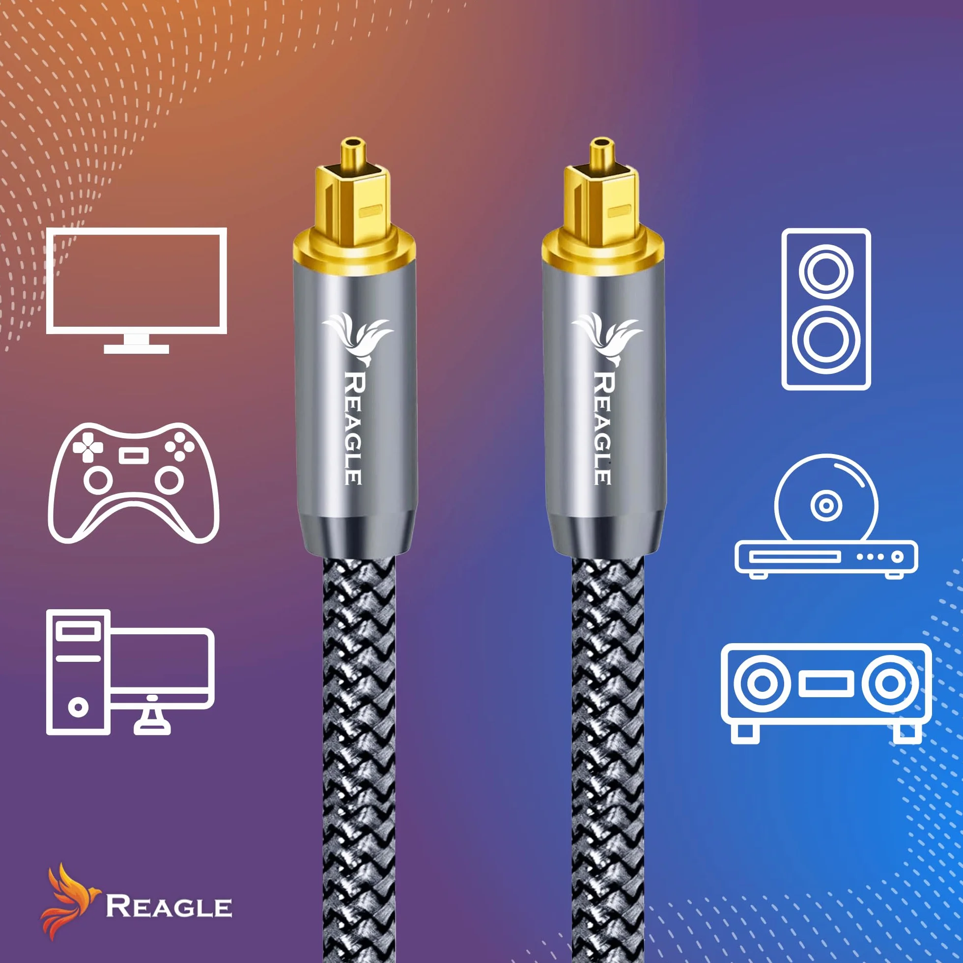 Reagle TOSLINK Kabel Optyczny, HQ SPDIF, Cyfrowy Kabel Audio, Kabel z Włókna Szklanego, do Soundbara, Telewizora, Wzmacniacza Kina Domowego, HiFi (srebrny, 5M)