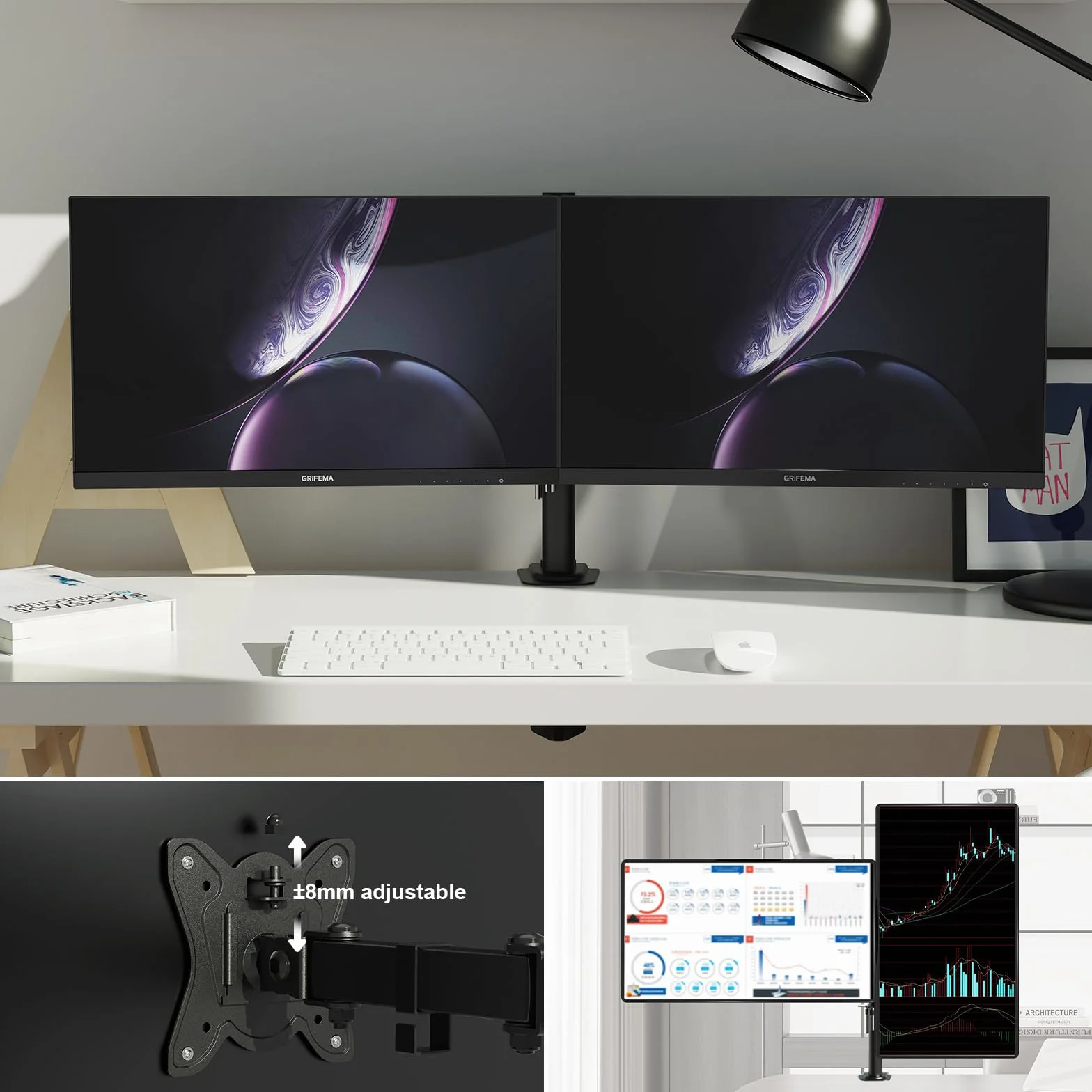 GRIFEMA GB2001A-2 Uchwyt na Podwójny Monitor 13-27” LED/LCD, Ramię do Dwóch Monitorów z Regulacją, Udźwig do 10KG na Każde Ramię, VESA 75/100mm, Czarny