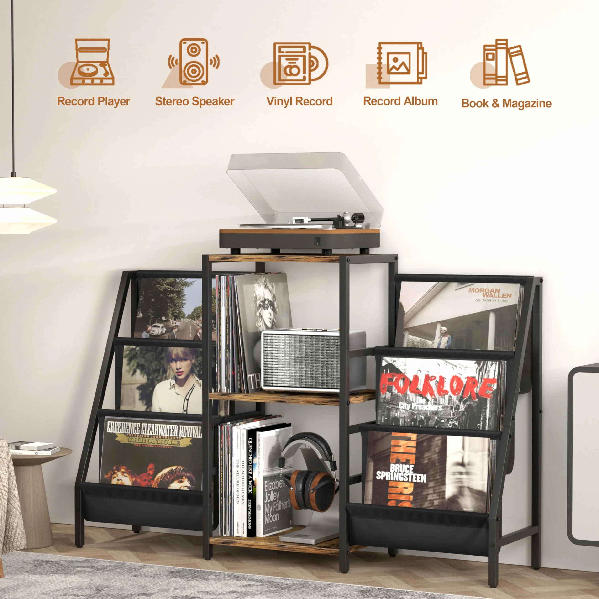 Płyta Winylowa Składowanie z Stoiskiem Gramofonowym Stojak na Gramofon z Przechowywanie Nagrania do 280 Albumów Z Winylowym Stojakiem na CD do Winylowego Odtwarzacza Gramofonowego Stereo