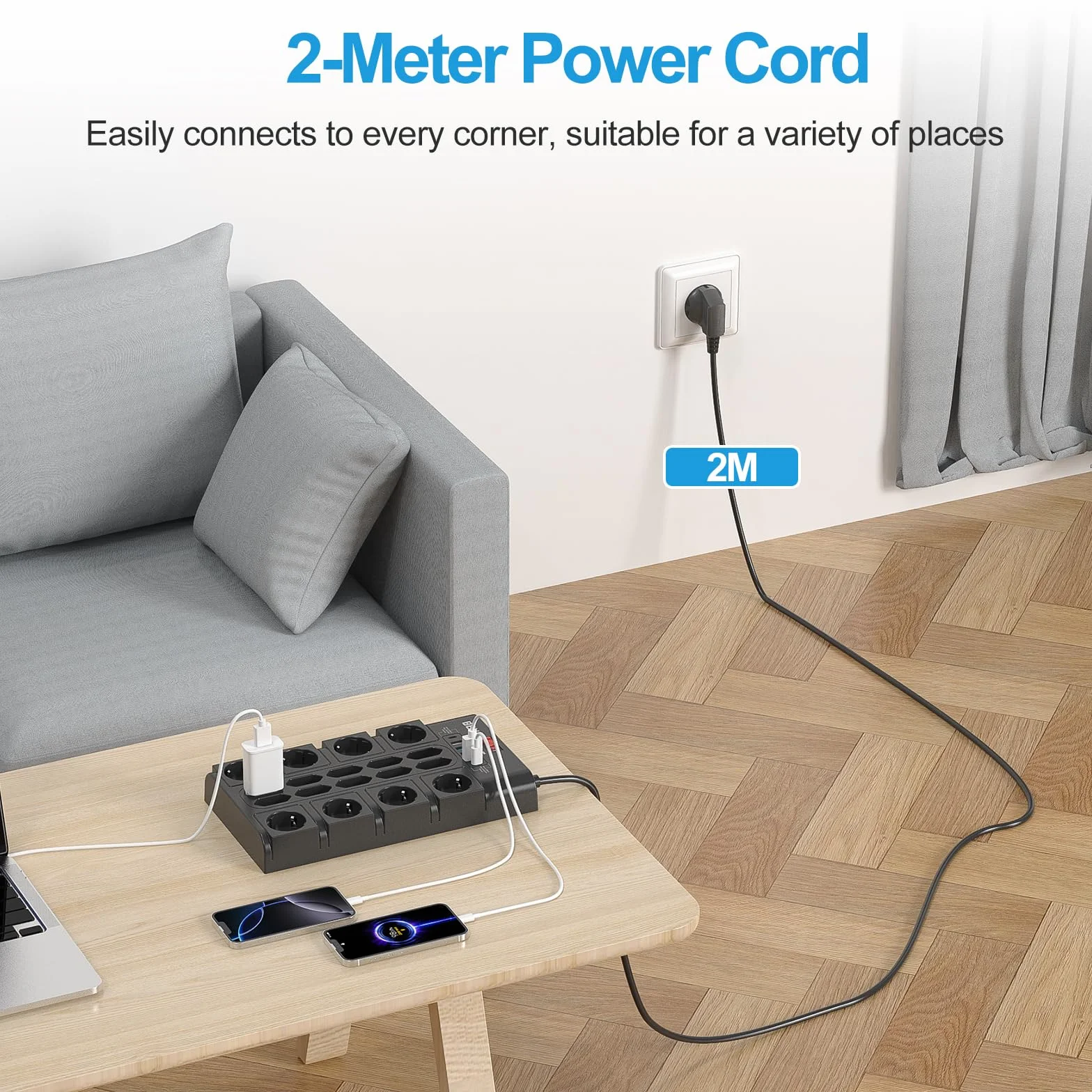 BEVA Listwa Zasilająca 3680W/16A, Wielokrotna Listwa Zasilająca z 18 Gniazdem AC, 4 porty USB-A i 2 USB-C, Złodzien Wtyczka ze Wskaźnikami Stanu i Ochroną Przed Przeciążeniem 2M kabel