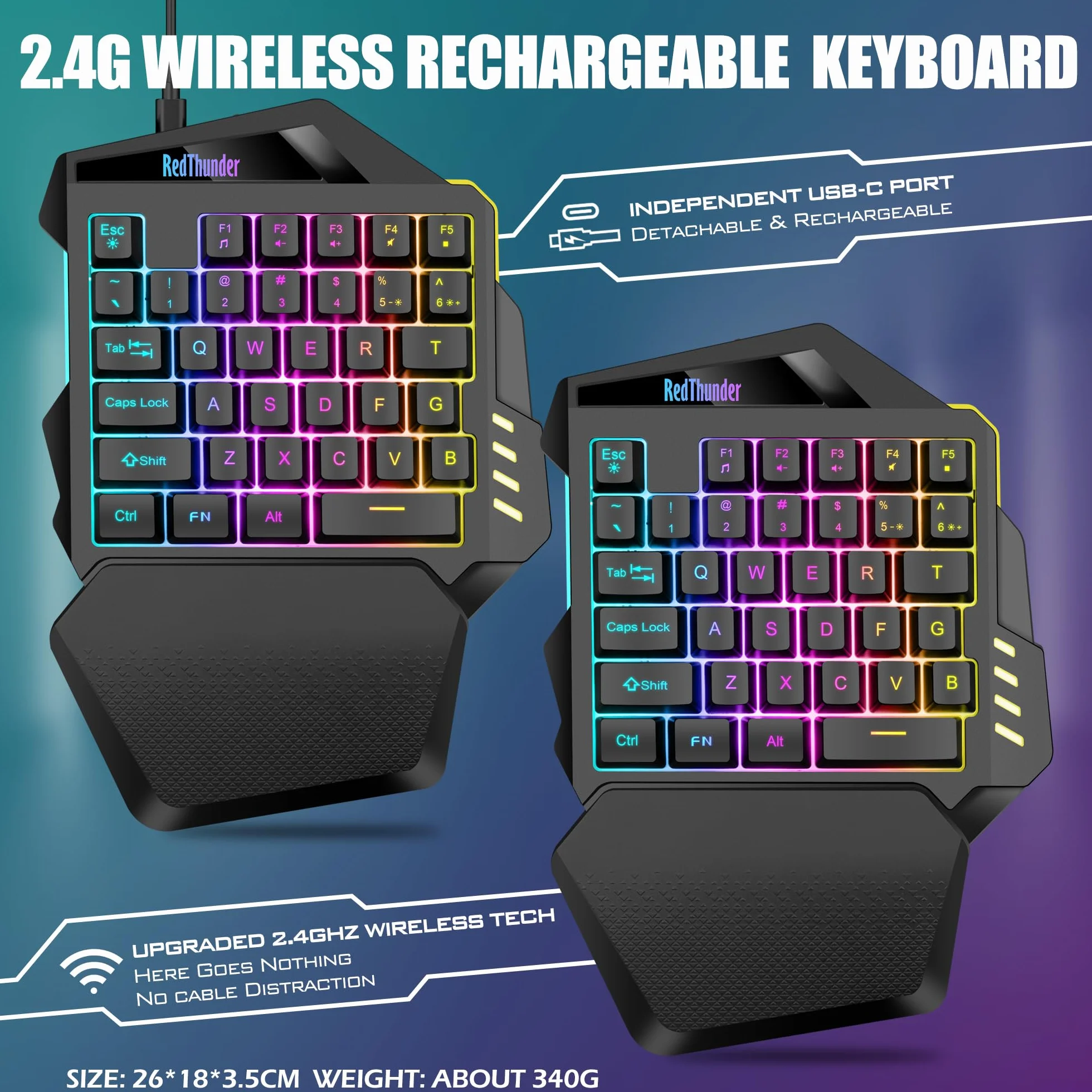 RedThunder G60 bezprzewodowa klawiatura do gier jednoręczna, akumulator 2000 mAh z podświetleniem RGB, klawiatura do gier Anti-ghosting 35 klawiszy + ergonomiczna do komputerów Mac PS5 Xbox One Gamer.
