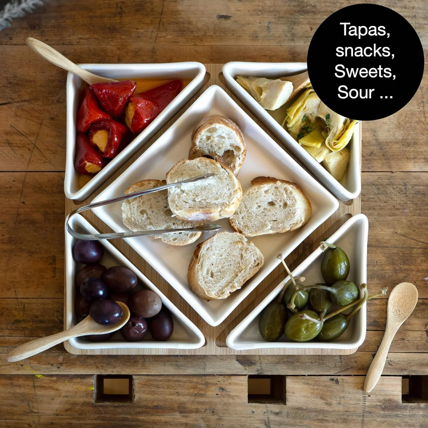 Moritz & Moritz Lavender 11-częściowy zestaw do serwowania przekąsek, tapas, przystawek, miski ceramiczne, tacka, łyżka, bambus, szczypce ze stali nierdzewnej, biały