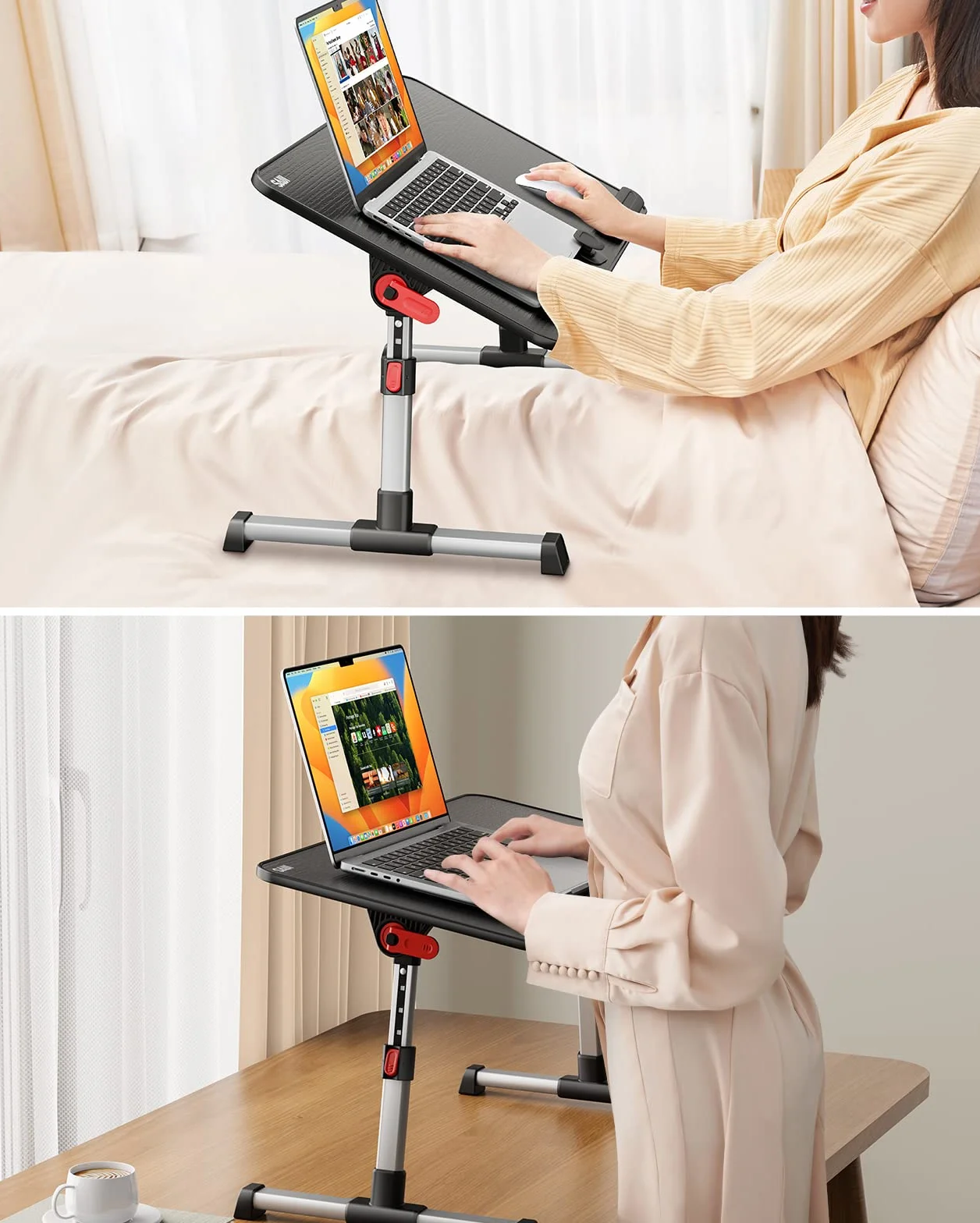 SAIJI stolik do łóżka z regulacją wysokości, z 4 regulowanymi kątami, składany stolik pod laptopa, na sofę, kanapę, podłogę, do pracy, czytania, pisania, jedzenia, pasuje do laptopa o przekątnej