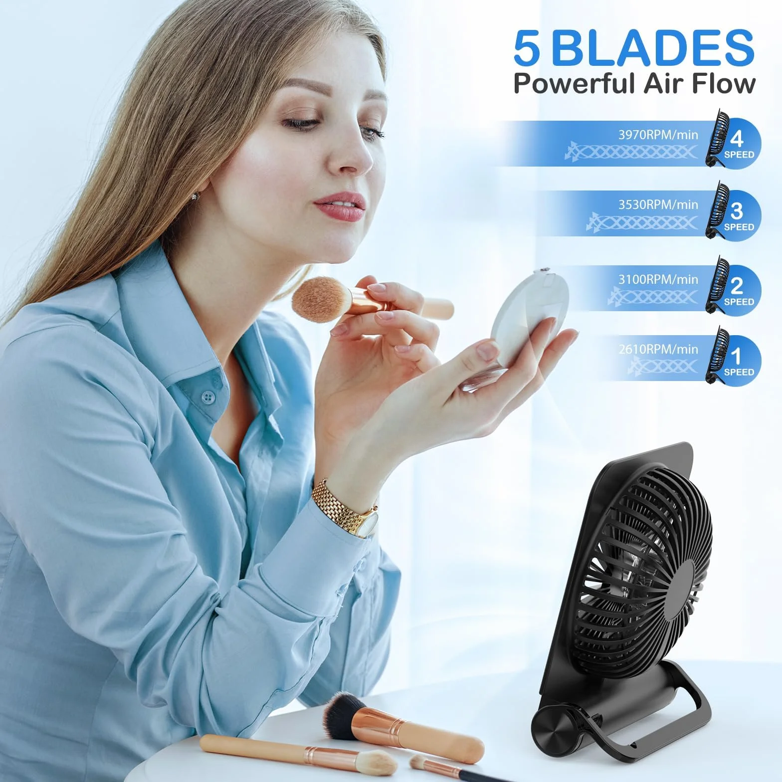 EasyAcc Ultracienki mini wentylator stołowy 4 prędkości/2000 mAh/5 łopatek/składany/zawieszany wentylator USB-C przenośny cichy akumulator wentylator z baterią do podróży do biura makijażu