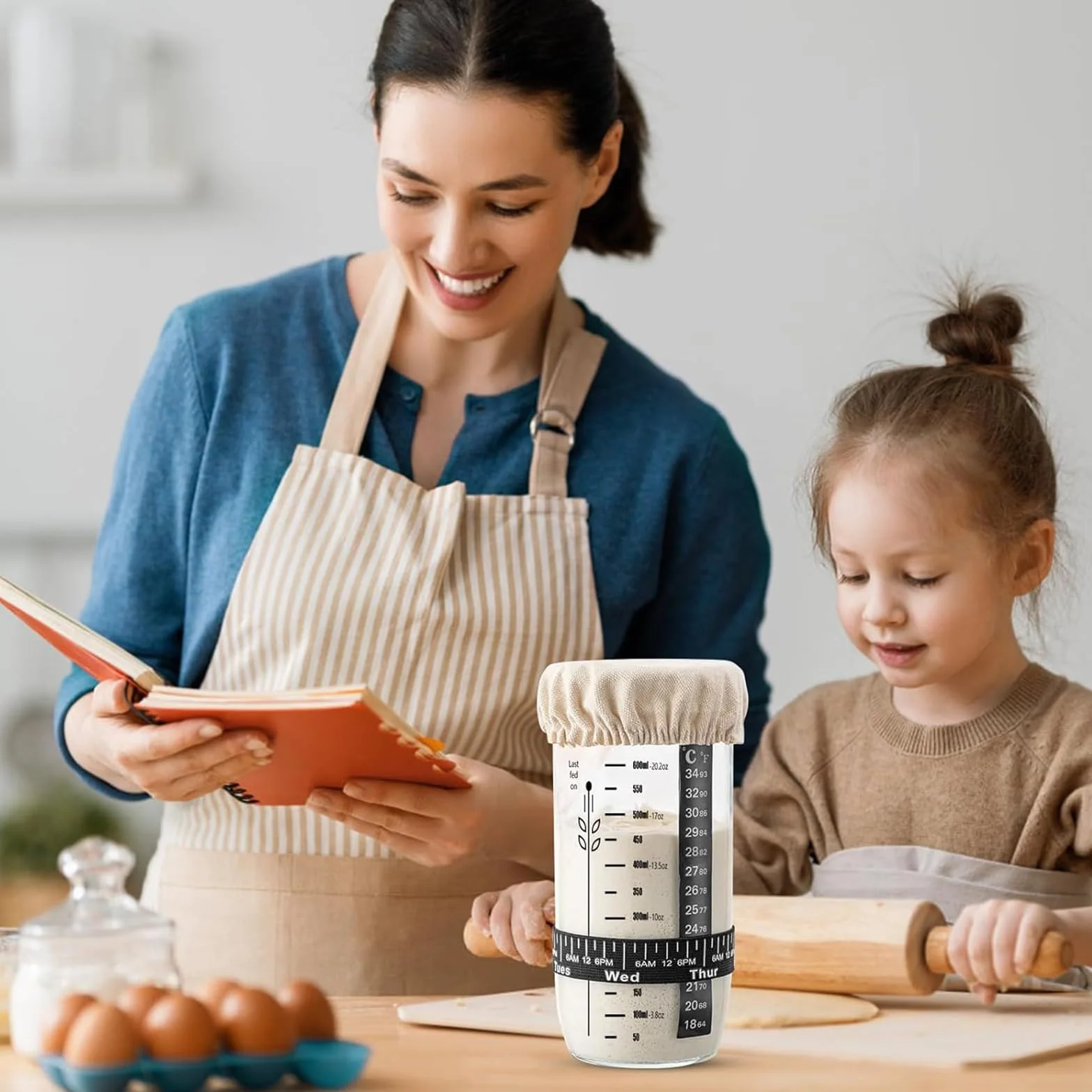 XHYASD Sourdough zestaw startowy do zakwasu, wielokrotnego użytku, z aluminiową nasadką, papier termometru, szpatułka, kapelusz materiałowy dla początkujących