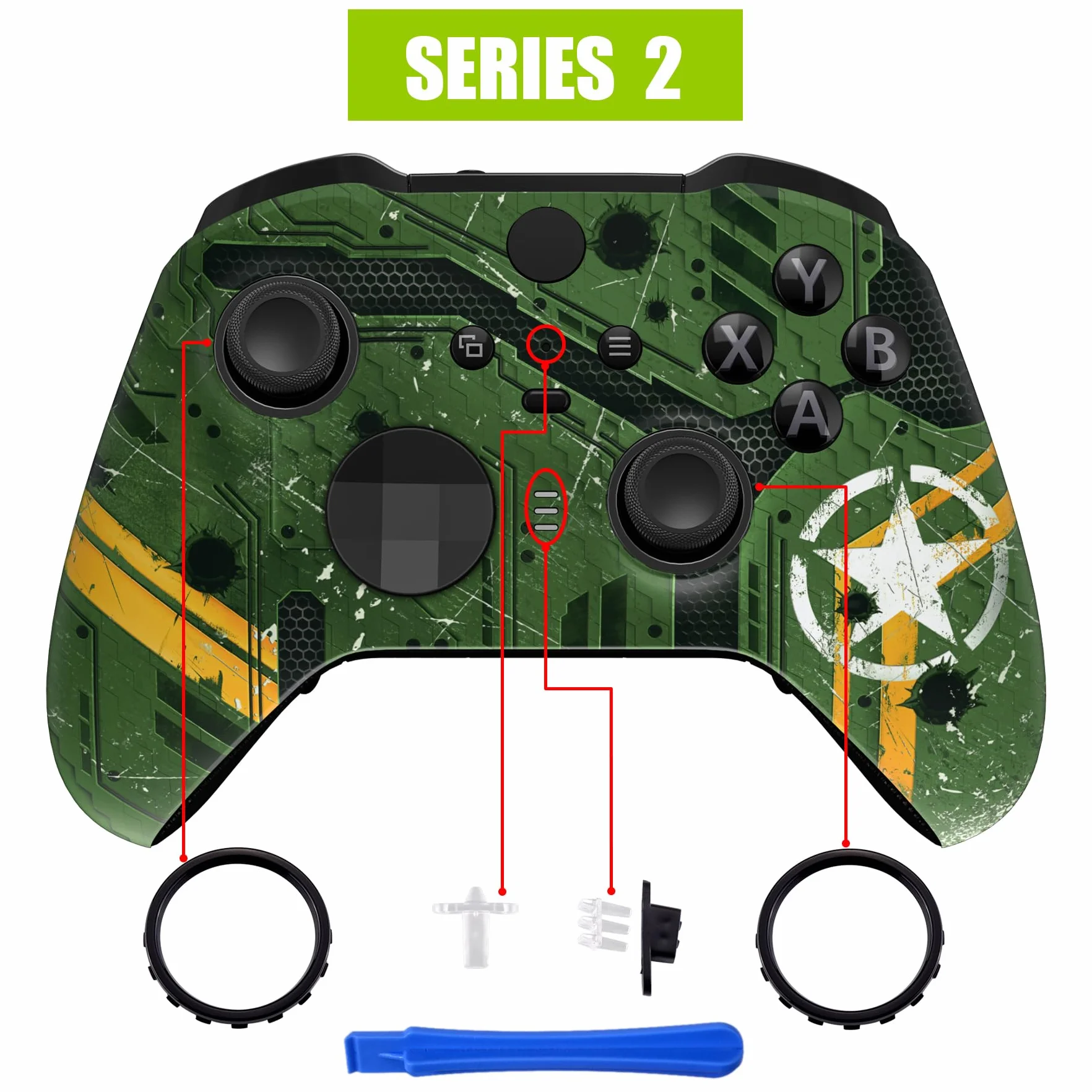 eXtremeRate Army Mecha Soft Touch Grip Błyszcząca Osłona Płyty Czołowej, Zestaw Zamienny Obudowy Shell Case Przedniej dla Xbox One Elite Series 2 Controller Model 1797 - Thumbstick Accent Rings Dołączony