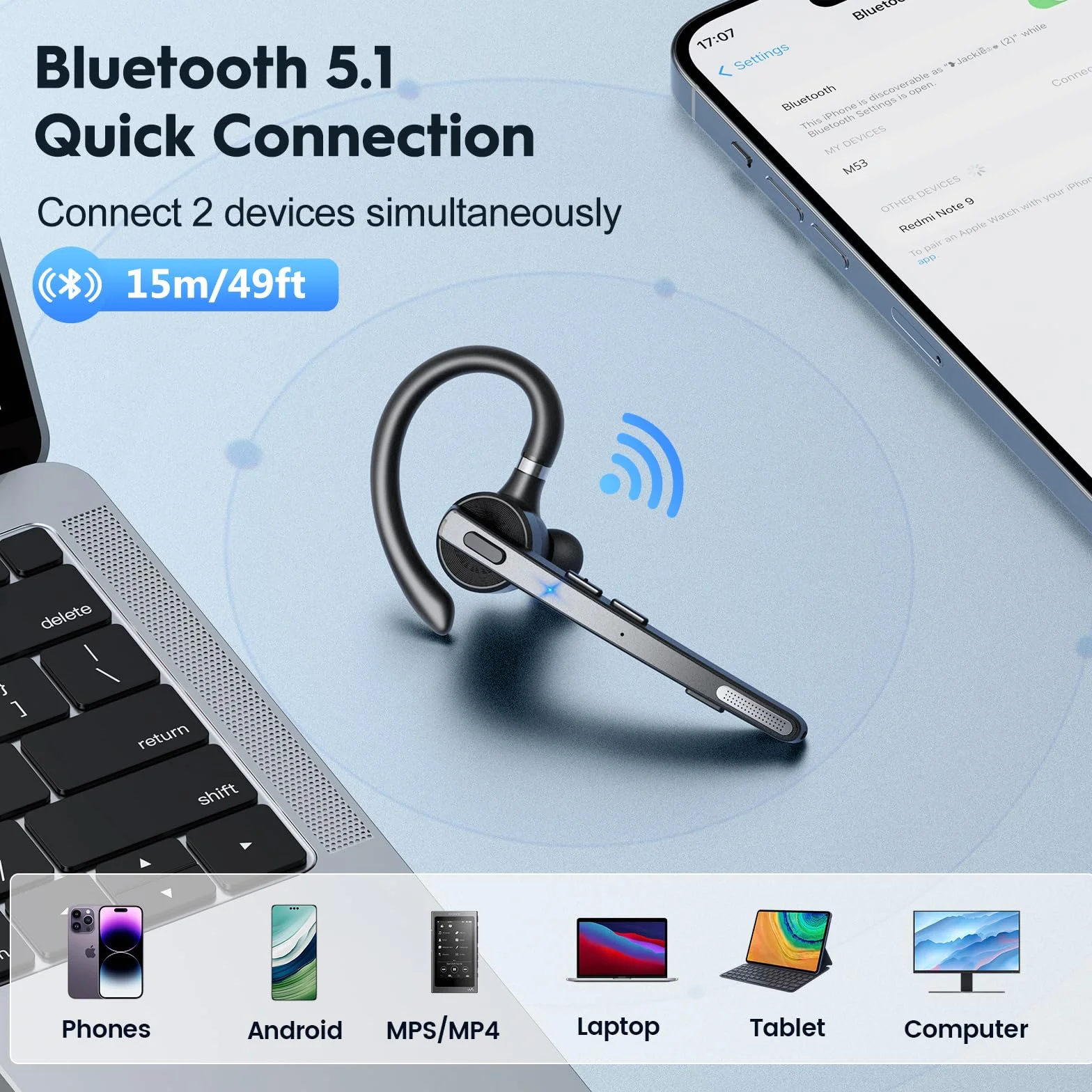 New Bee Zestaw słuchawkowy Bluetooth, 72H Talktime, bezprzewodowa słuchawka Bluetooth do telefonu komórkowego z etui ładującym 500 mAh, V5.1, podwójny mikrofon, redukcja szumów, słuchawki